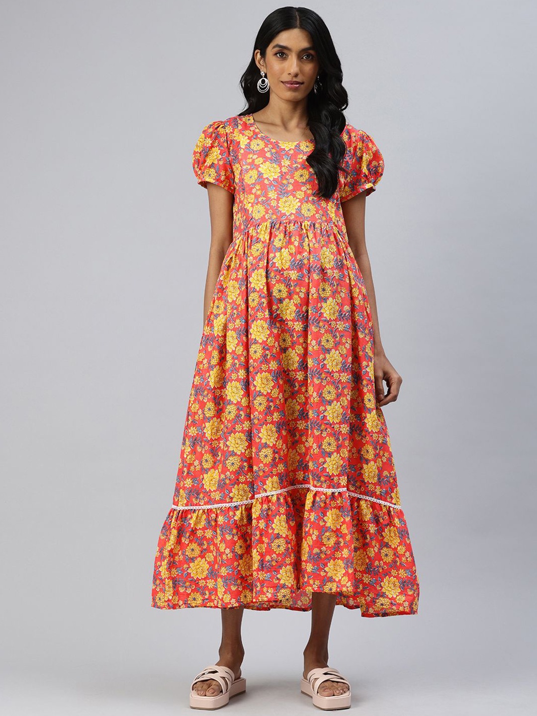 

Swishchick Floral Printed Puff Sleeve Maternity Maxi Dress, Peach