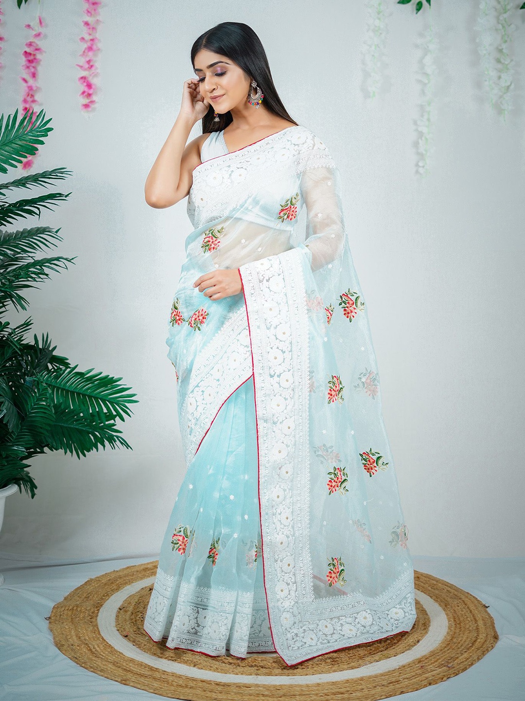 

elora Floral Embroidered Organza Saree, Turquoise blue