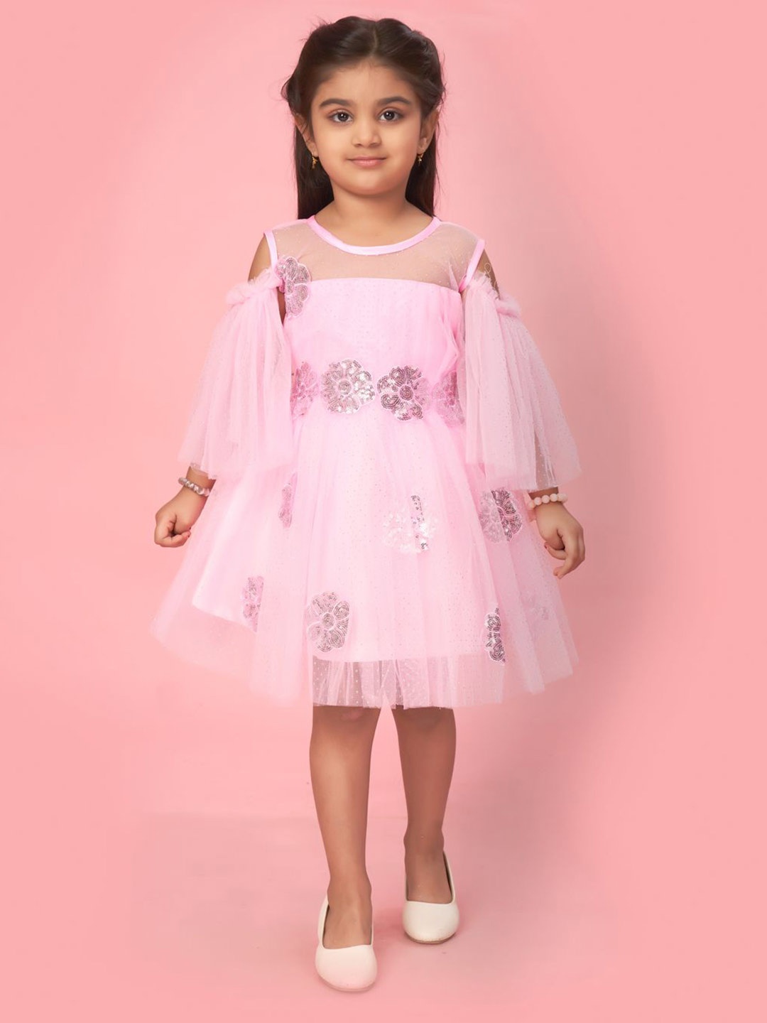 

BAESD Flared Sleeve Net Fit & Flare Dress, Pink