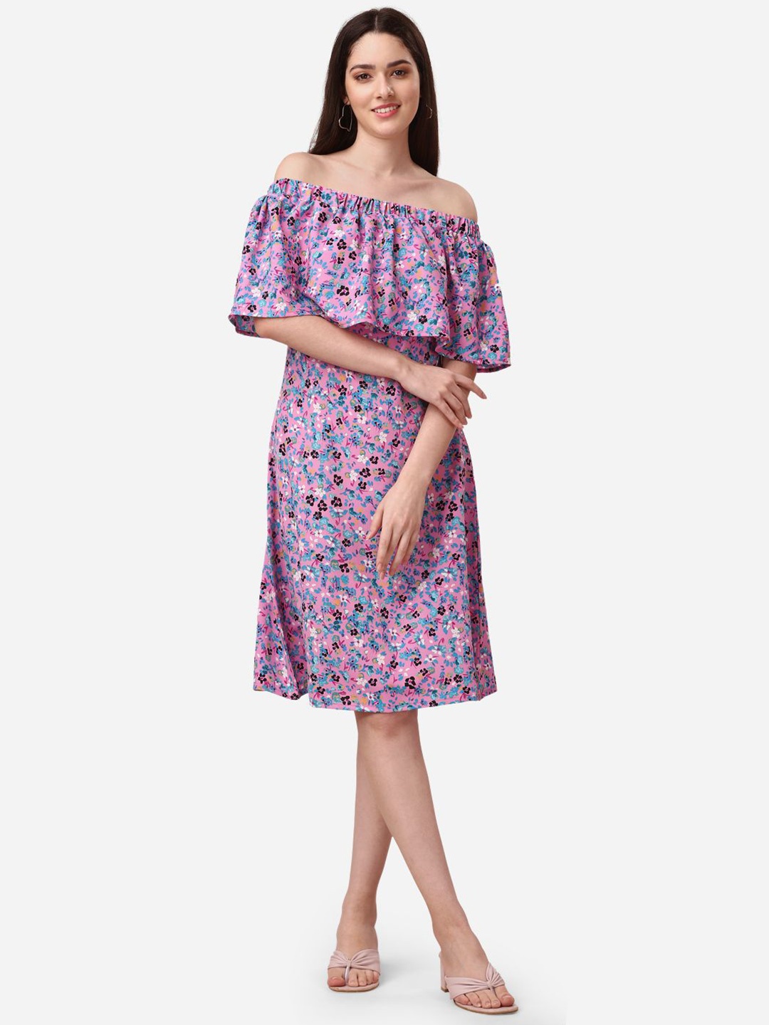 

Murcia Floral Print Off-Shoulder Cape Sleeve Crepe A-Line Dress, Pink
