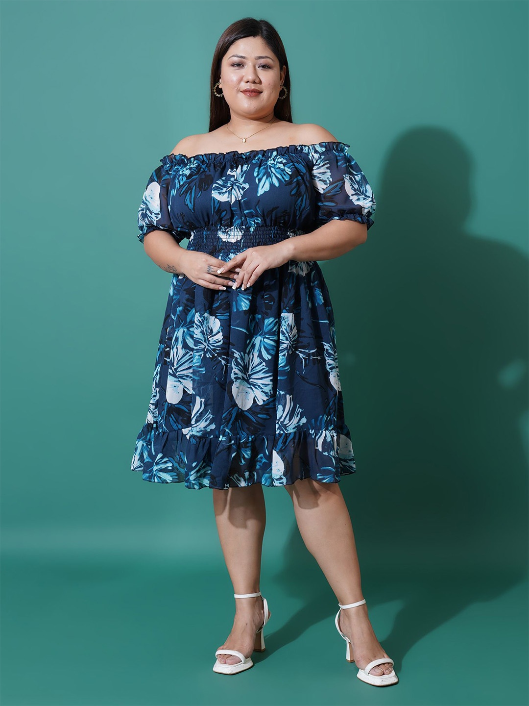 

U&F Beyond Floral Print Off-Shoulder Ruffled Georgette Fit & Flare Dress, Navy blue