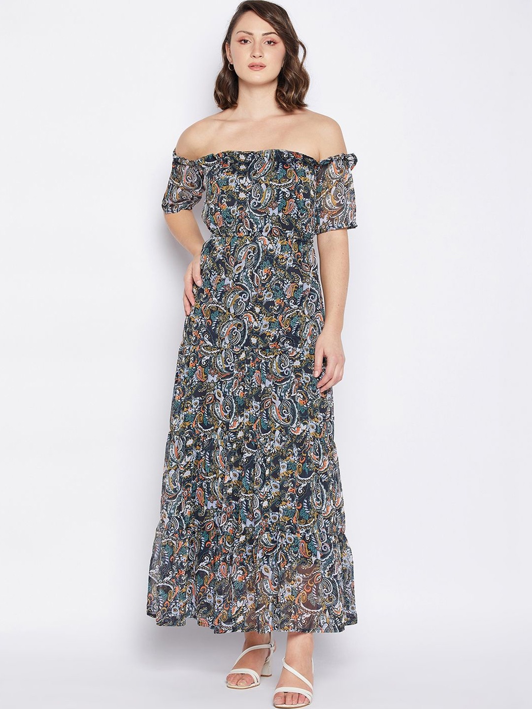 

Murcia Women Floral Printed Off-Shoulder Maxi Dress, Black