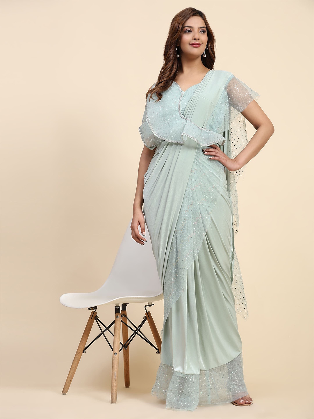 

AMOHA TRENDZ Embellished Sequinned Ready to Wear Saree, Sea green