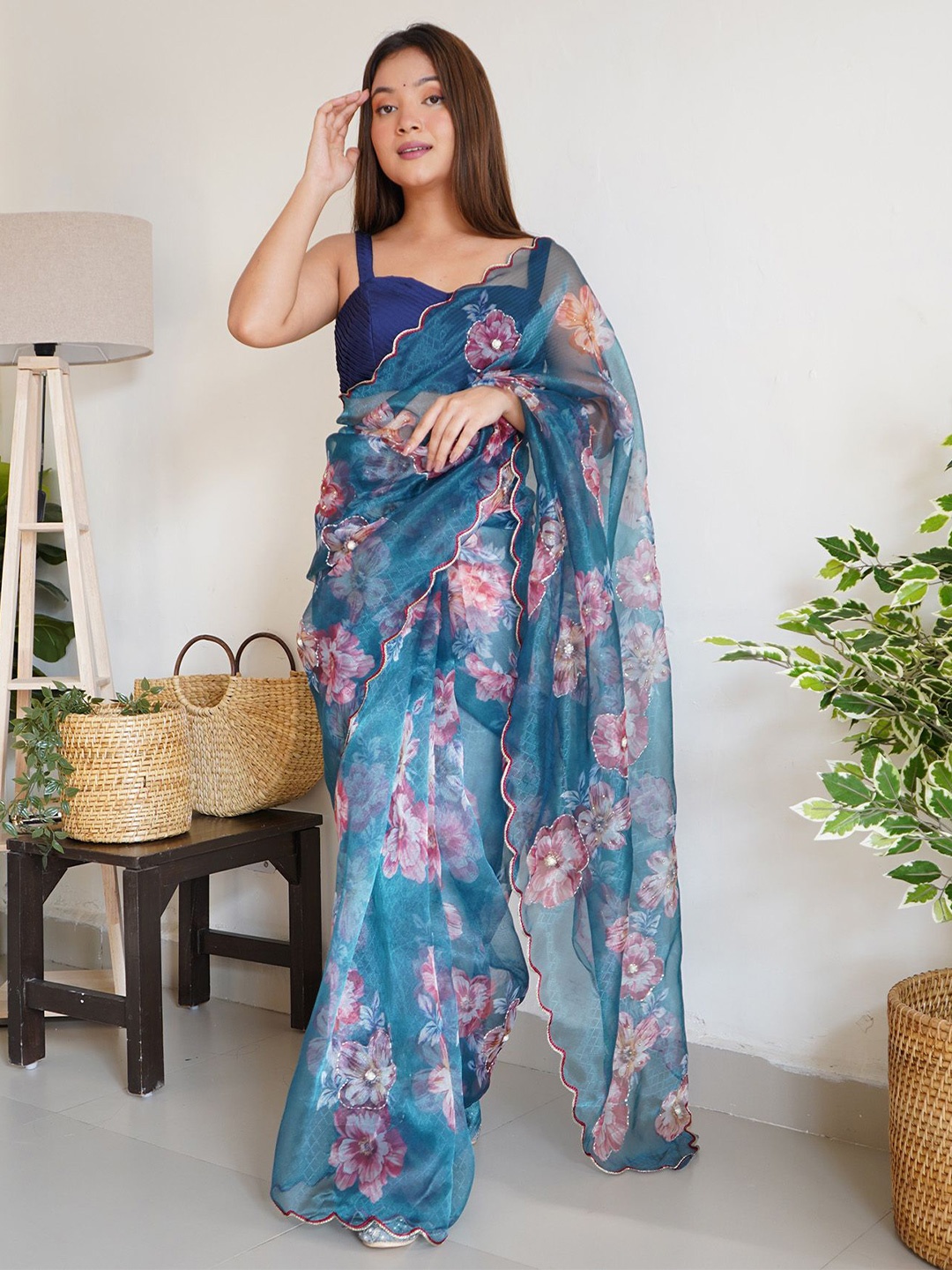 

elora Floral Beads and Stones Organza Saree, Teal