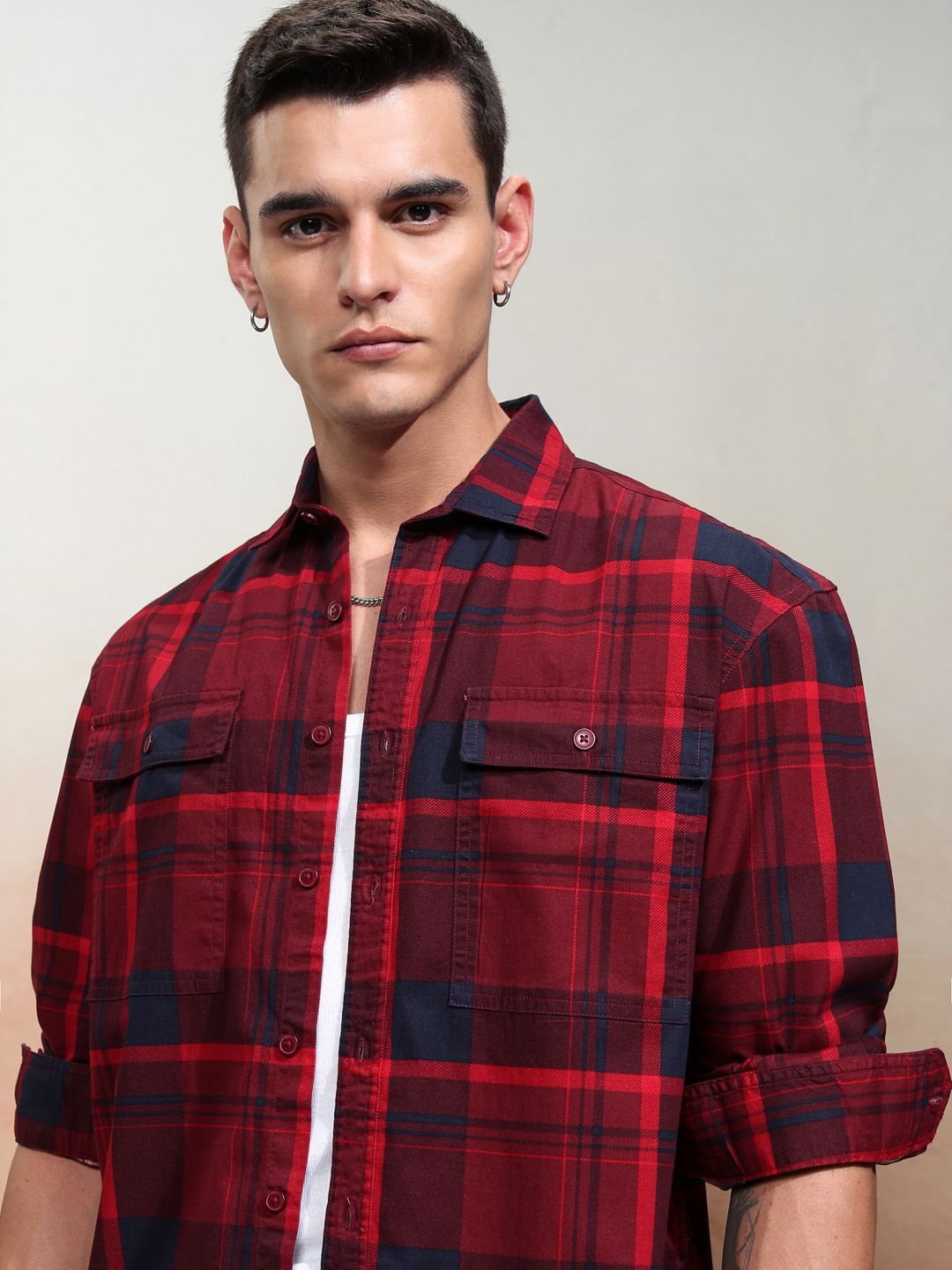 

HIGHLANDER Men Sulphur Washed Printed Checked Stylised Pocket Oversized Shirt, Red