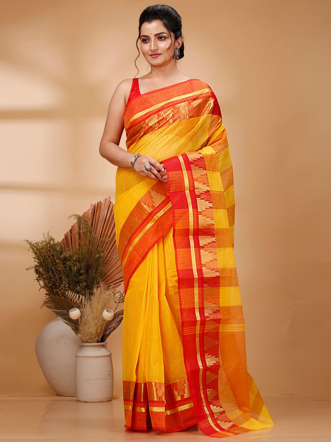 

PuJoy Woven Design Zari Pure Cotton Taant Saree, Yellow
