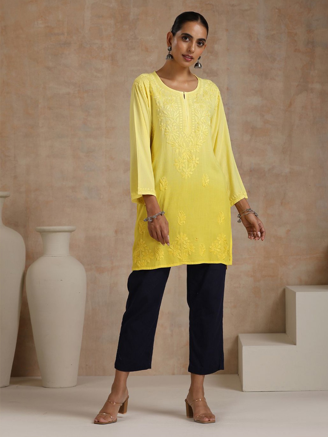 

House of Chikankari Women Ethnic Motifs Embroidered Flared Sleeves Thread Work Kurta, Yellow