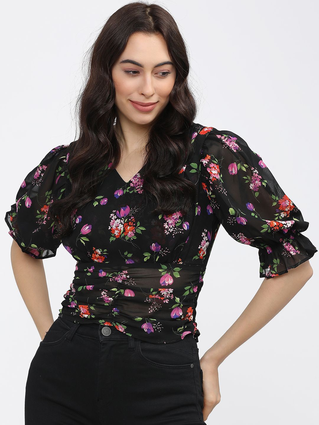 

Tokyo Talkies Floral Print Puff Sleeve Wrap Top, Black