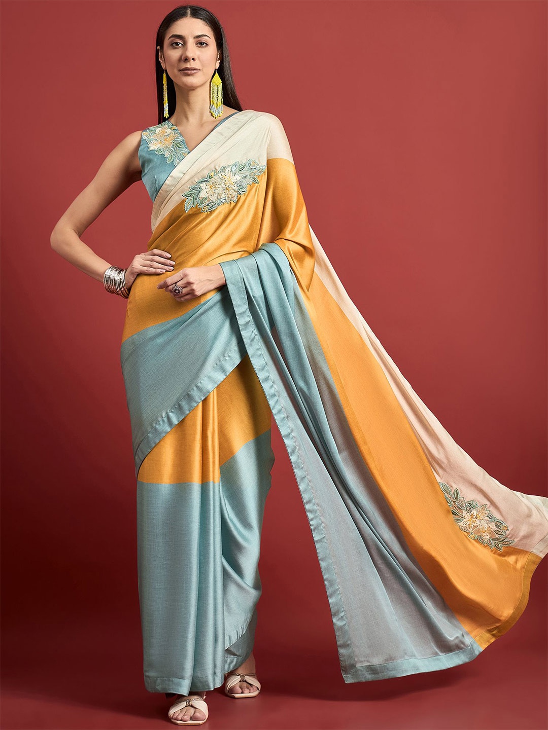 

all about you Floral Sequinned Satin Saree, Mustard