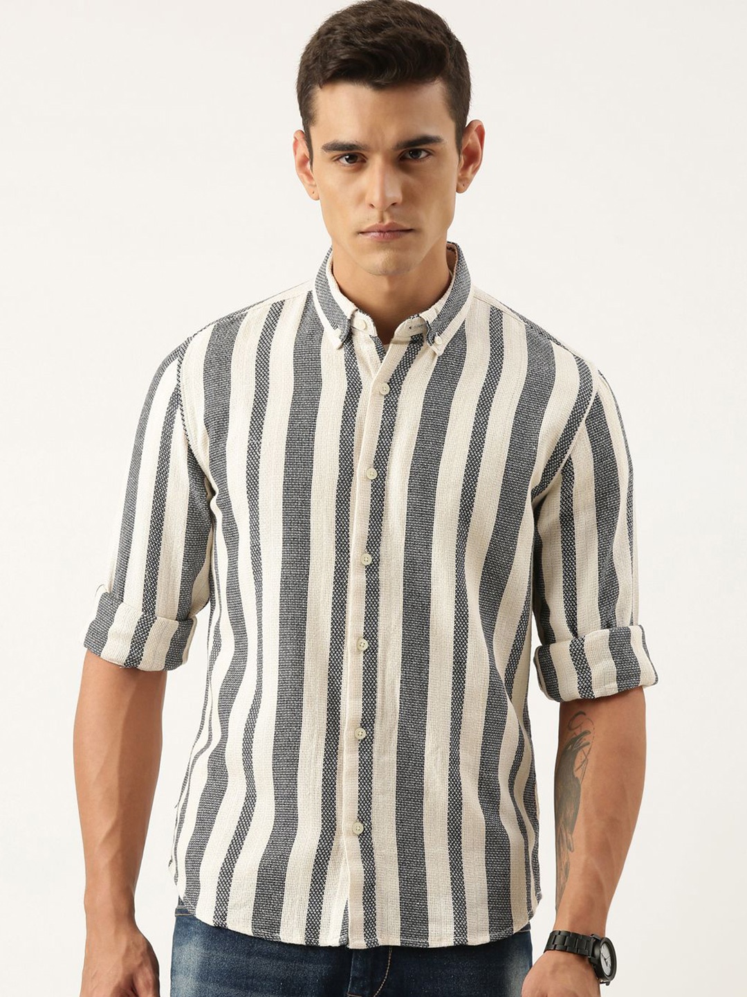 

ROLLER FASHIONS Men Slim Fit Opaque Striped Casual Shirt, Multi