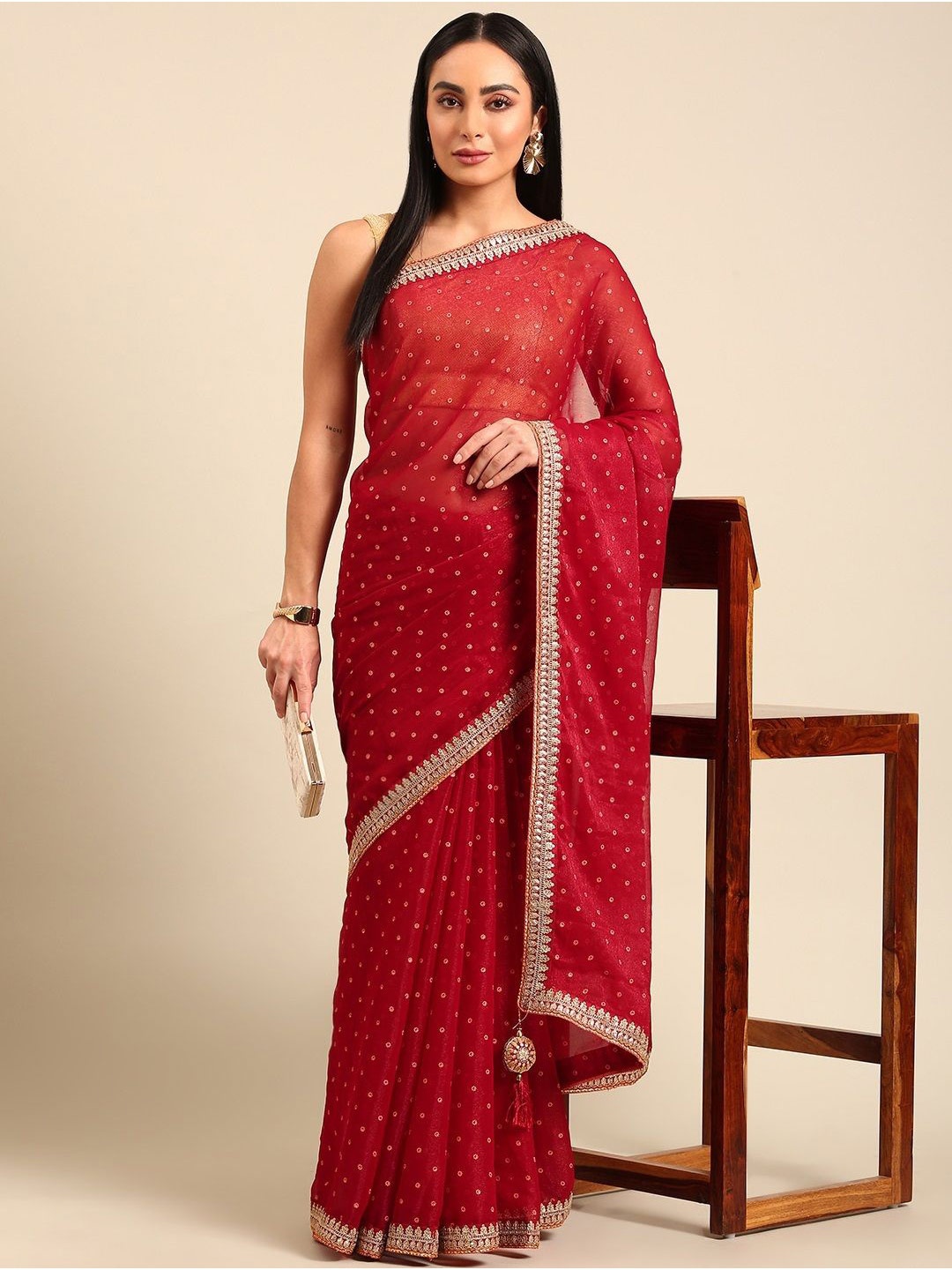 

all about you Ethnic Motifs Sequinned Pure Chiffon Saree, Red
