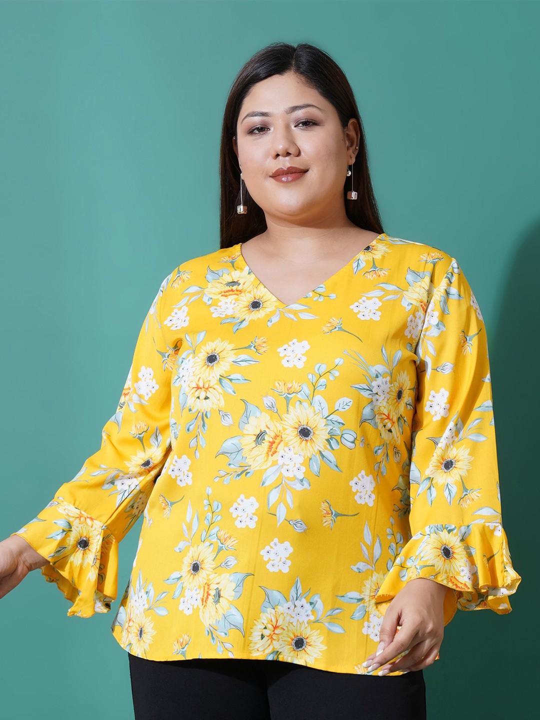 

U&F Beyond Floral Print Bell Sleeve Ruffles Top, Yellow