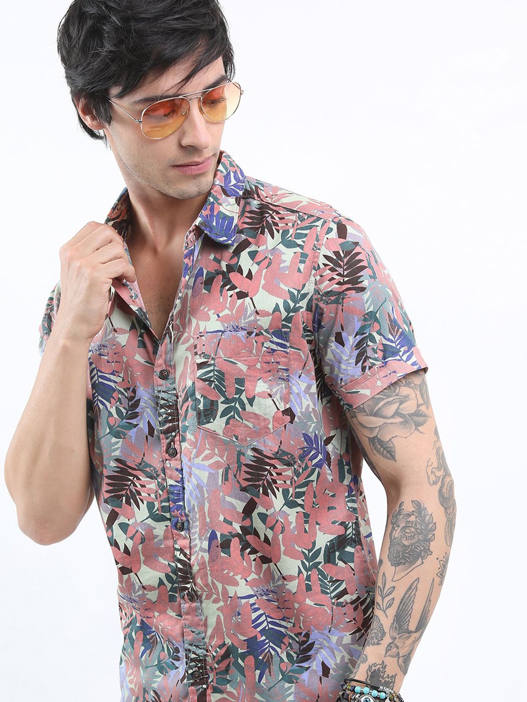 

HIGHLANDER Men Slim Fit Floral Opaque Printed Casual Shirt, Green