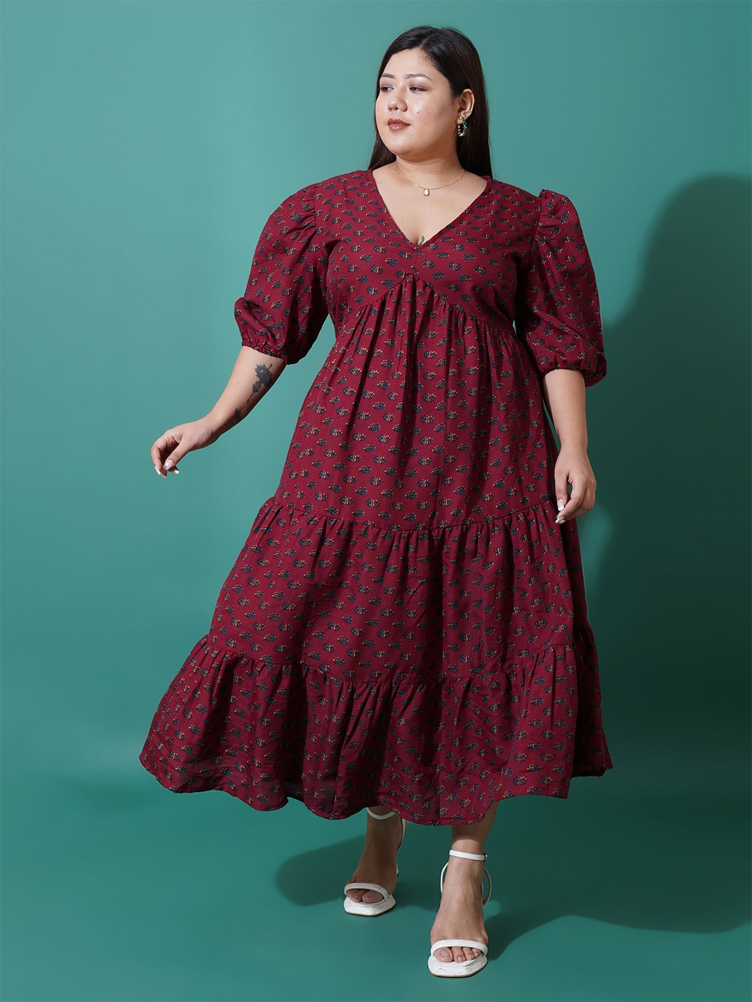 

U&F Beyond Floral Print Puff Sleeve A-Line Midi Dress, Maroon