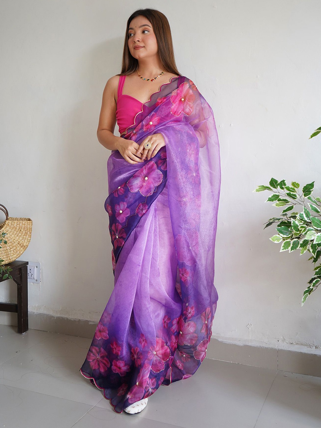 

elora Floral Beads and Stones Organza Saree, Purple