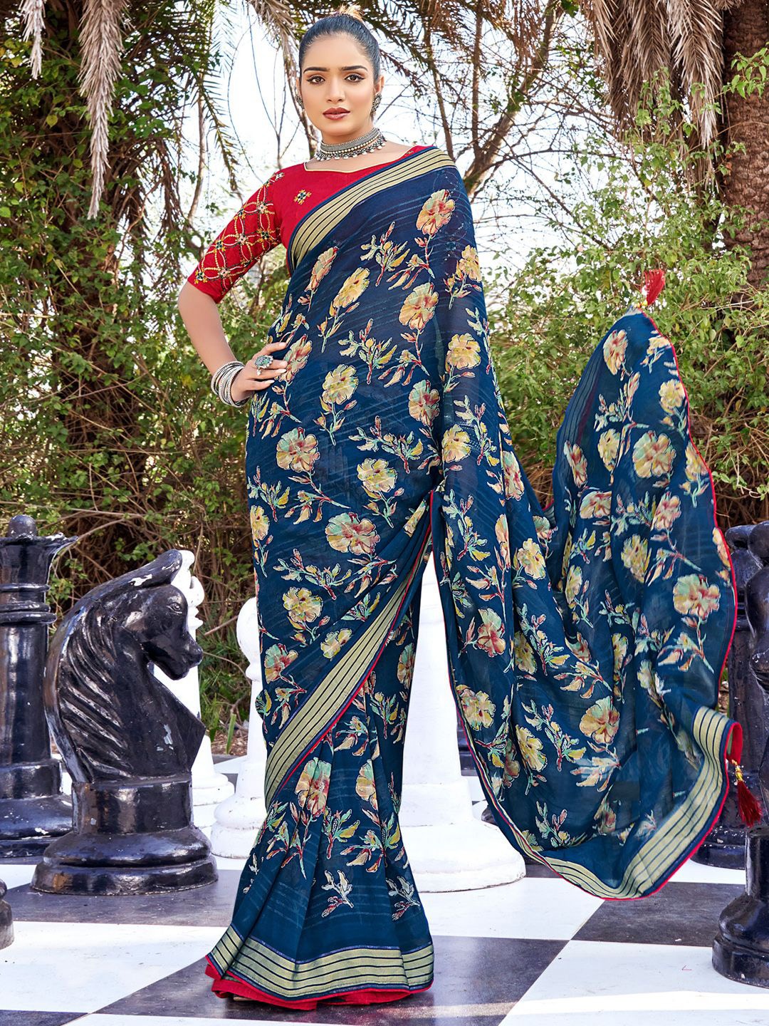 

Saree mall Floral Poly Georgette Bagru Sarees, Navy blue
