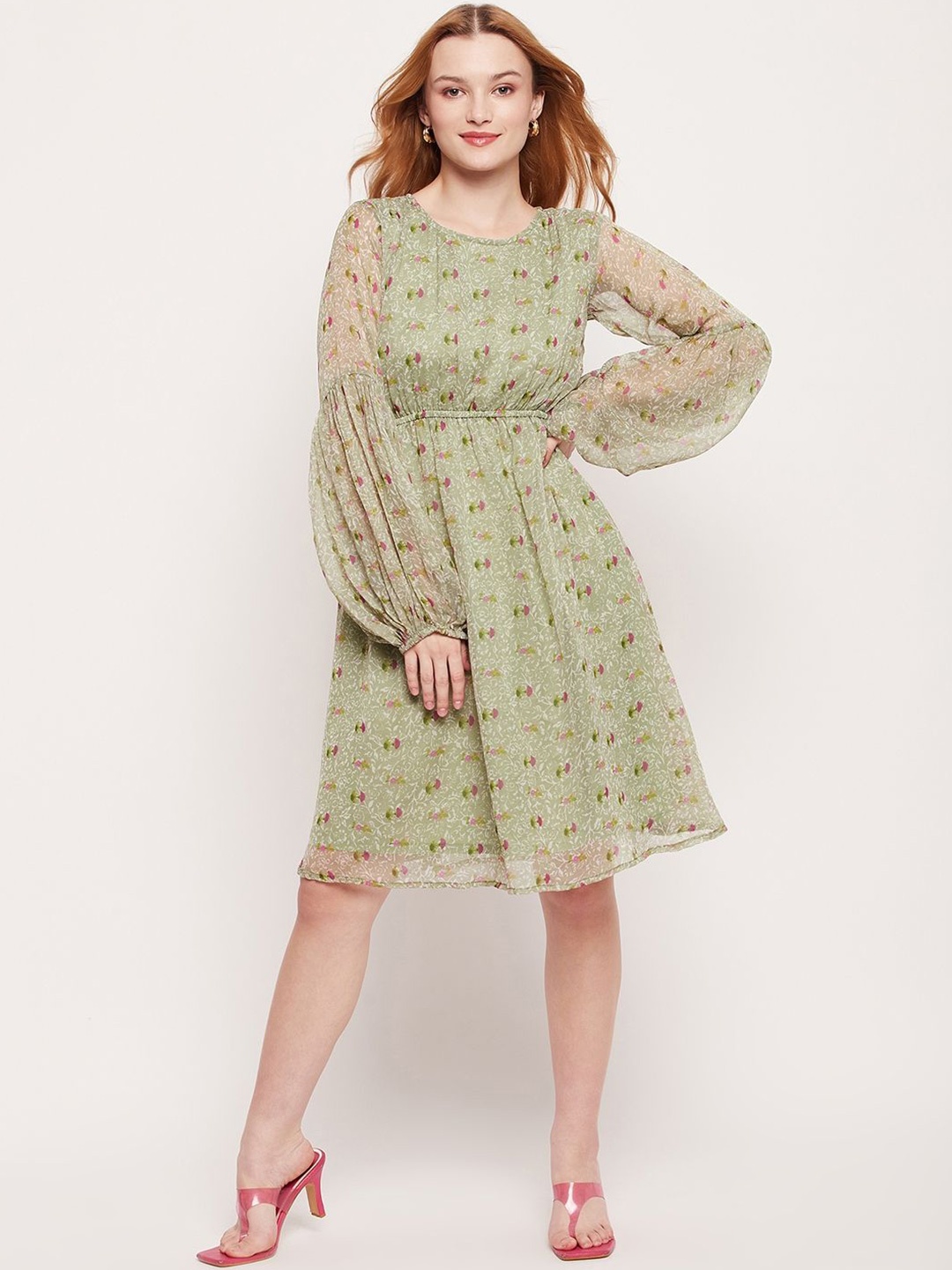 

Murcia Floral Printed Puff Sleeve Chiffon Fit & Flare Dress, Green