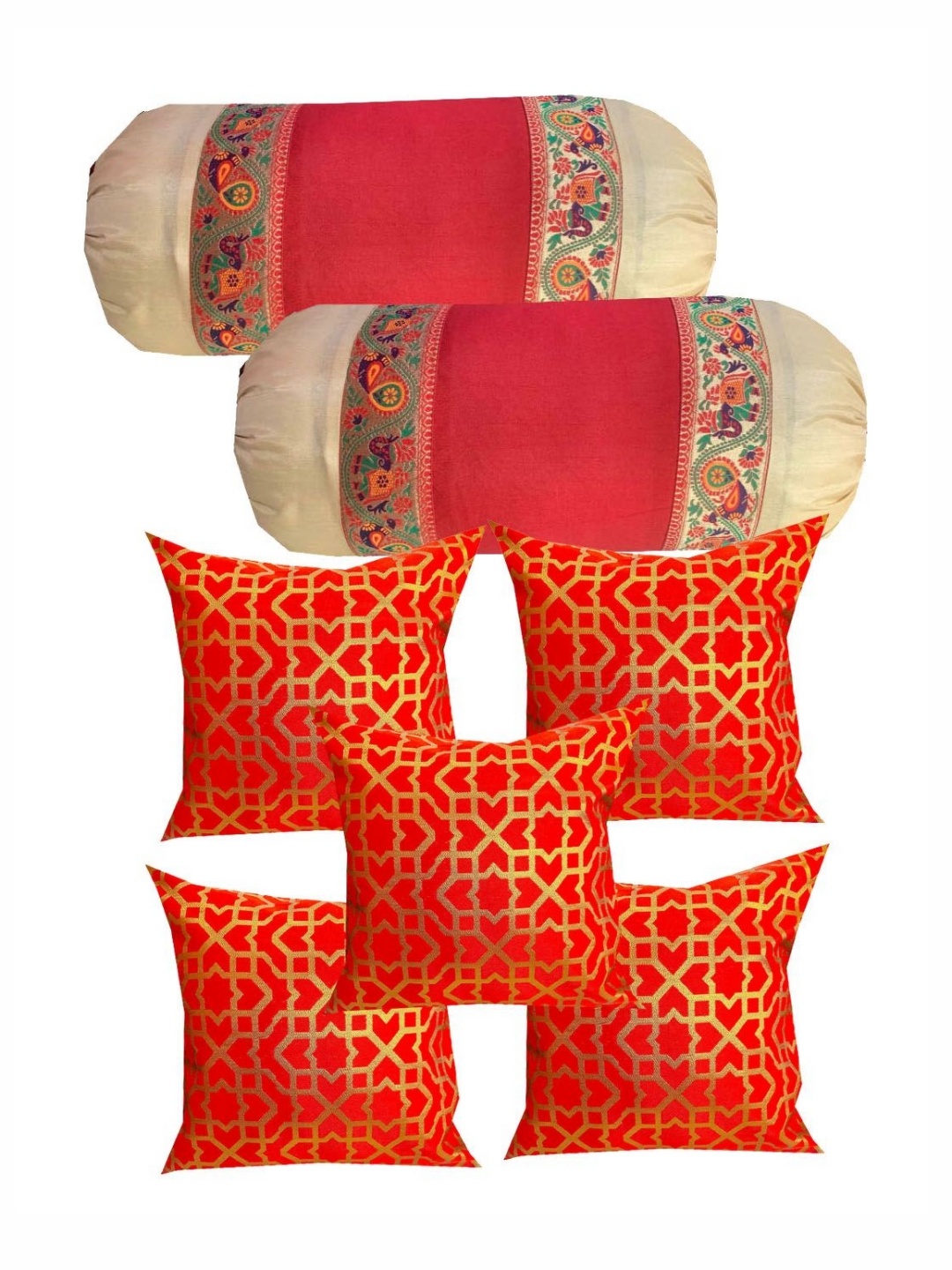 

Pink Parrot Orange & Cream-Coloured Set of 7 Geometric Square Cushion Covers