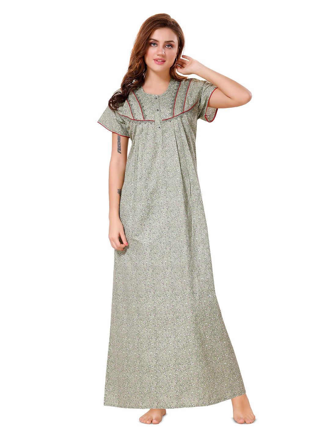 

Soulemo Women Floral Printed Pure Cotton Maxi Nightdress, Green
