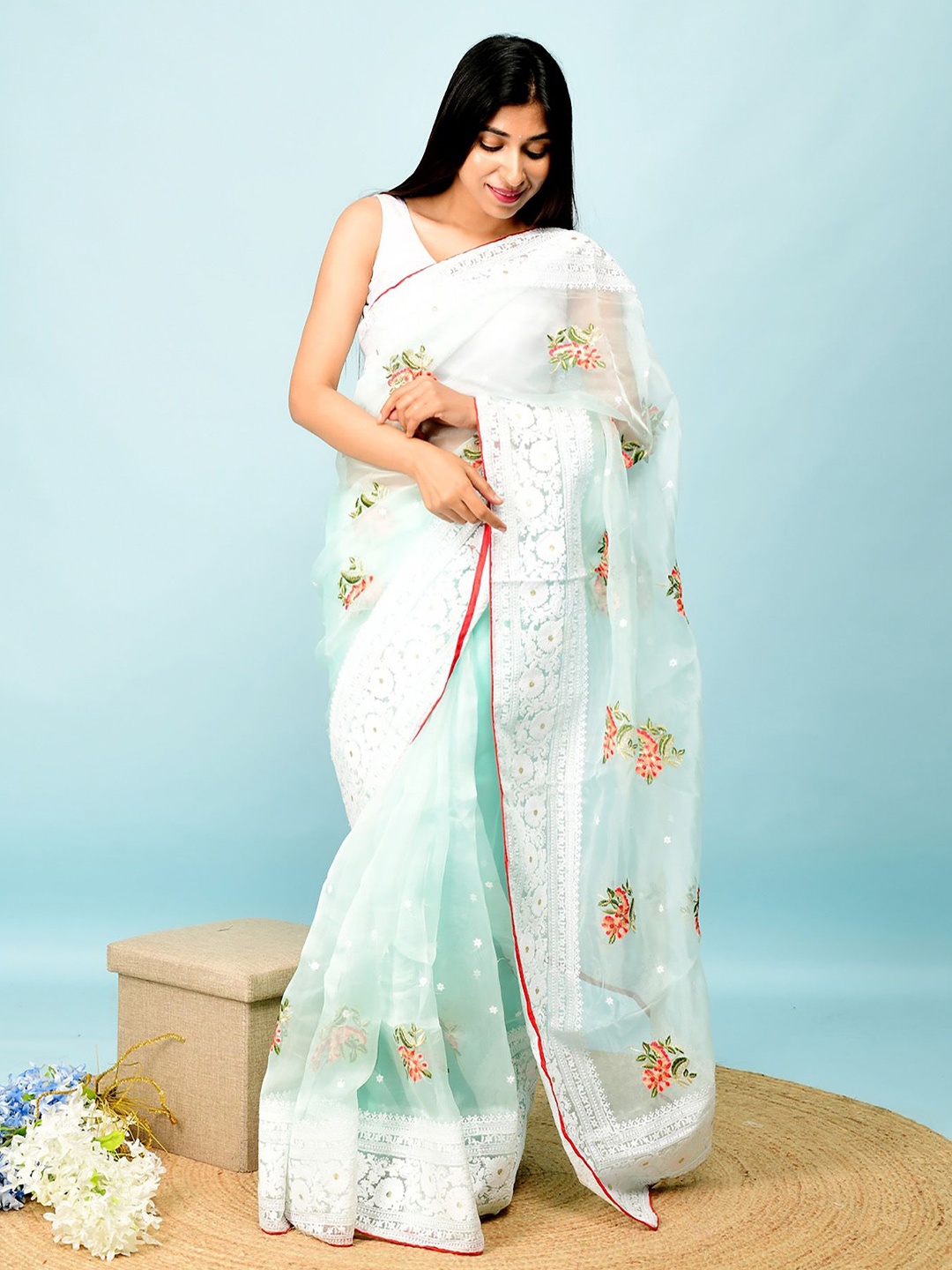 

elora Floral Embroidered Organza Saree, Sea green