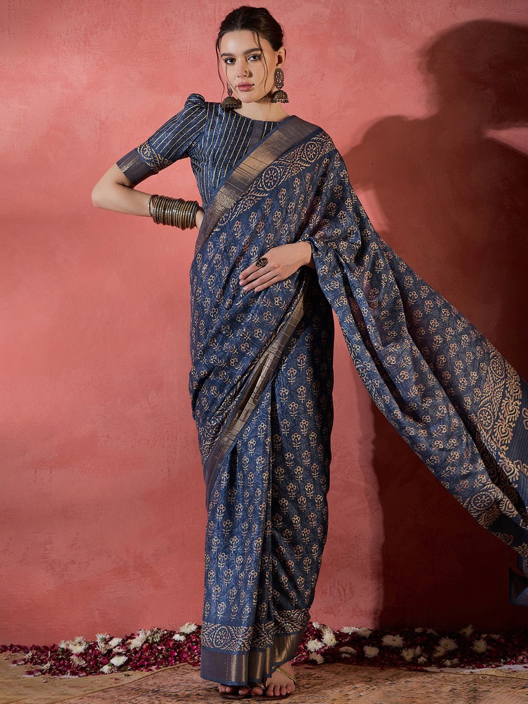 

Saree mall Bagh Zari Silk Blend Sungudi Sarees, Navy blue