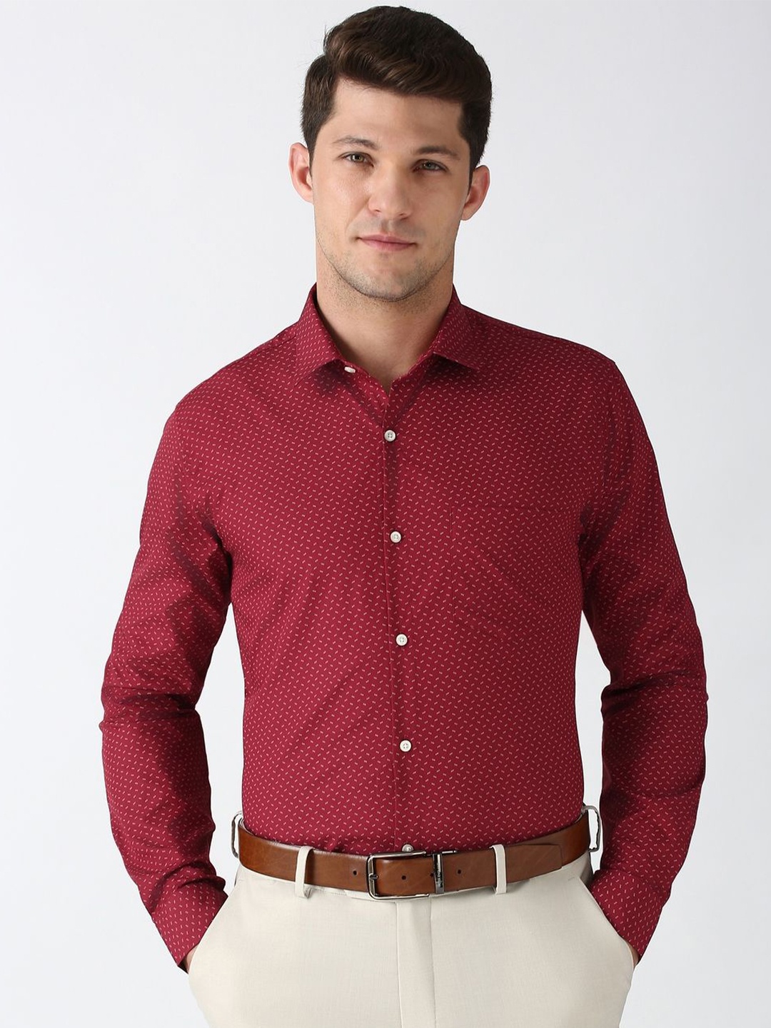

Peter England Men Slim Fit Opaque Printed Formal Shirt, Red
