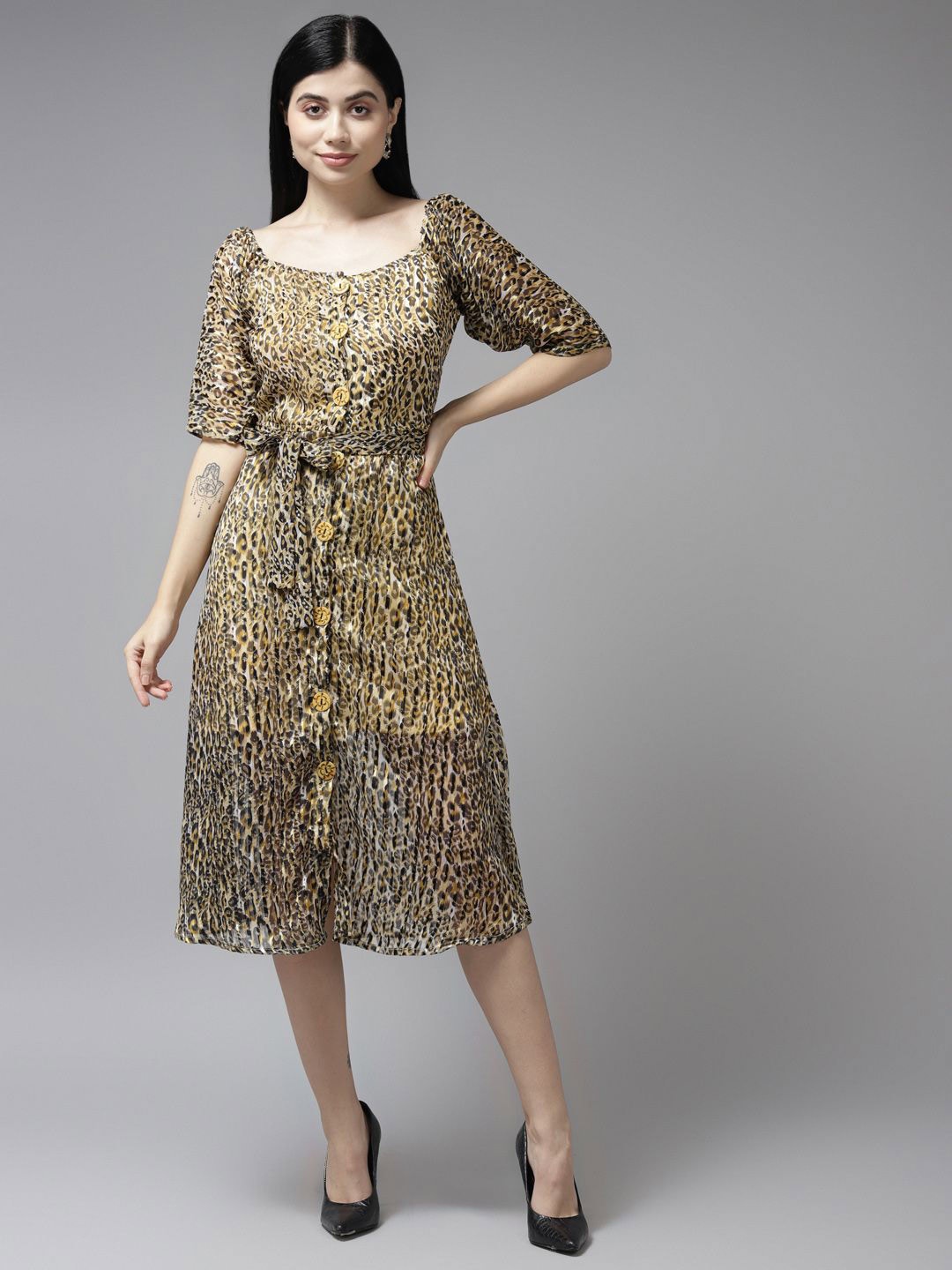 

BAESD Animal Print Puff Sleeve Georgette A-Line Midi Dress, Brown