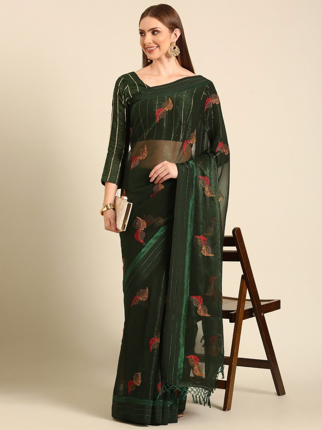 

all about you Embroidered Pure Chiffon Saree, Green
