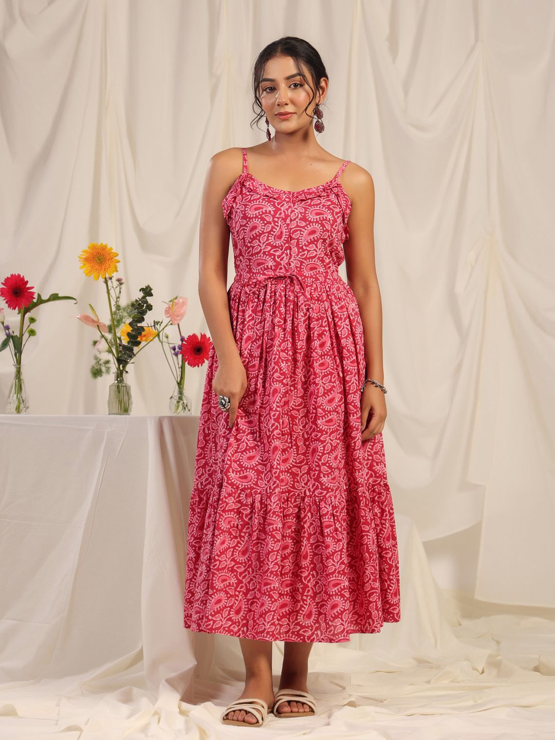 

anayna Floral Print A-Line Midi Dress, Pink
