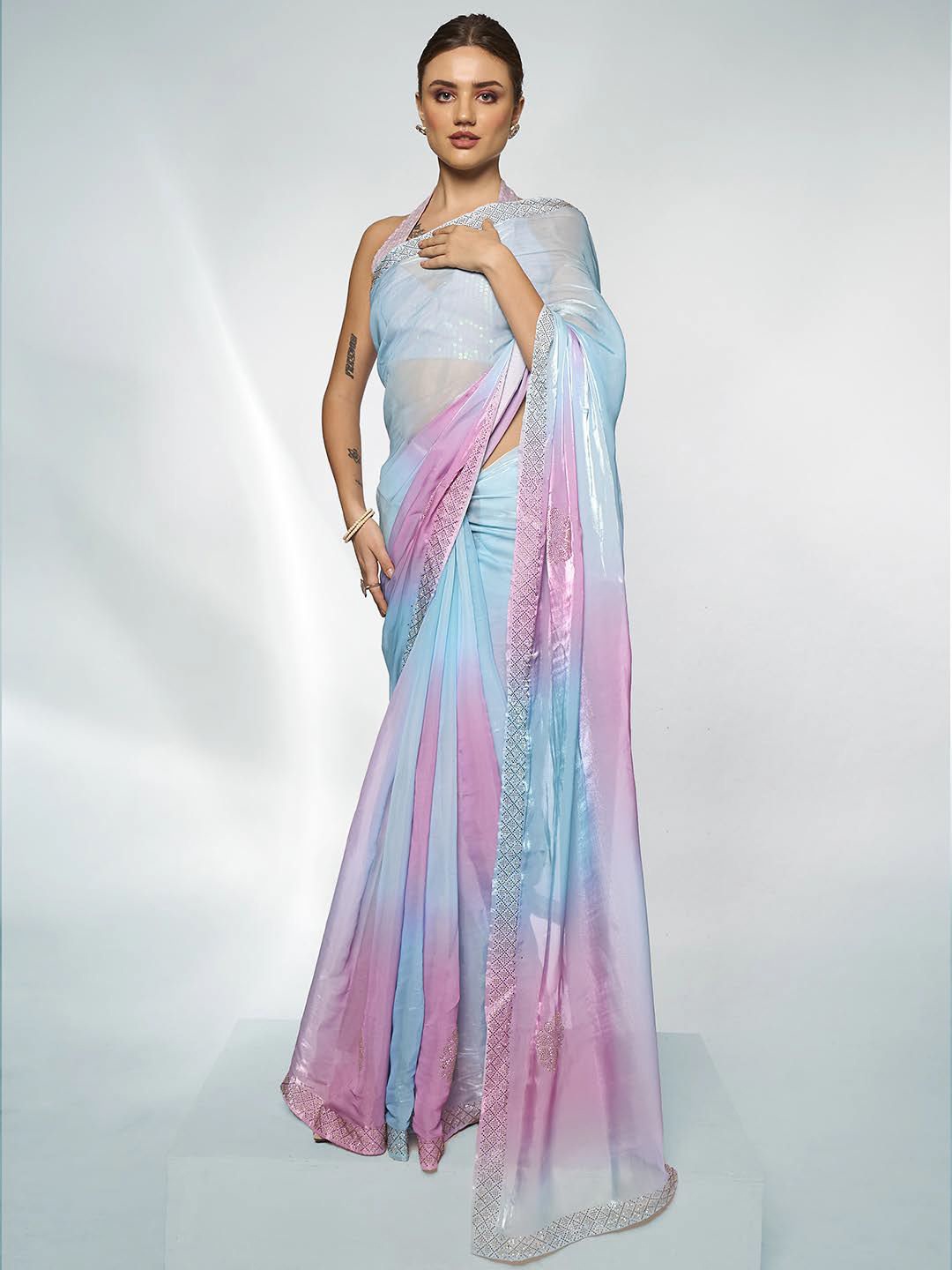 

Kalista Embellished Beads and Stones Organza Saree, Lavender