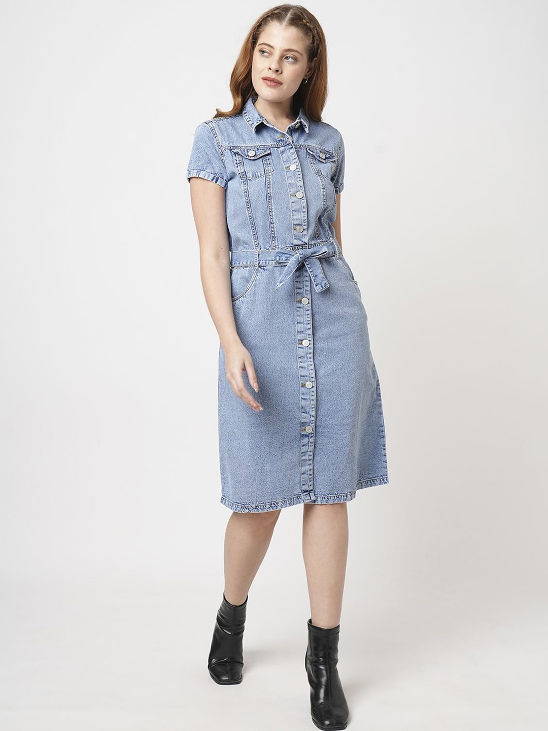 

Kraus Jeans Solid Shirt Collar Cotton Short Sleeves Dress, Blue