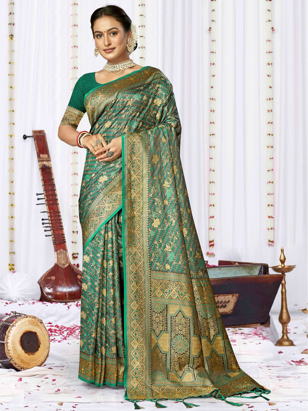 

SANGAM PRINTS Woven Design Zari Satin Tussar Saree, Teal