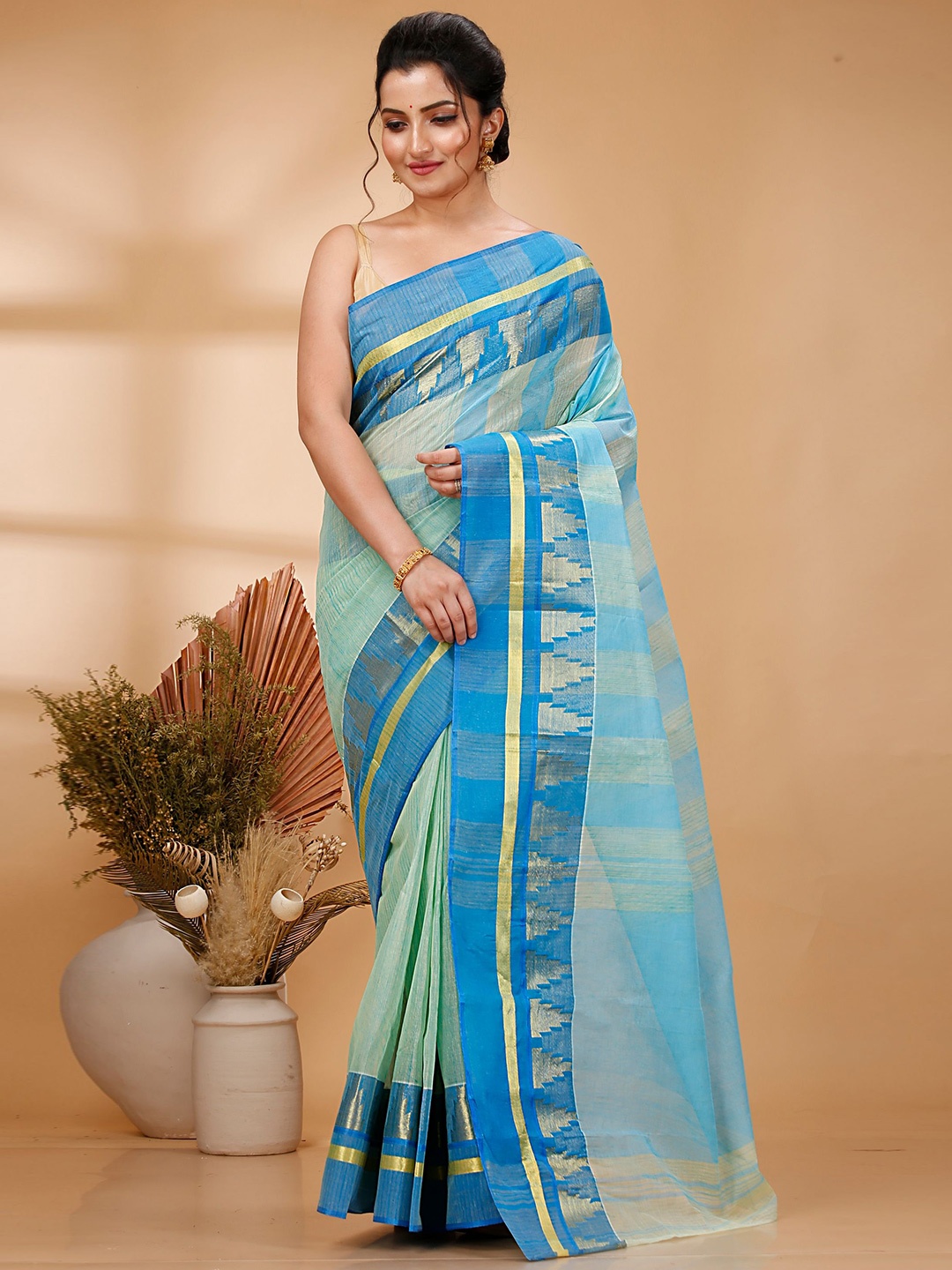 

PuJoy Woven Design Zari Pure Cotton Taant Saree, Blue