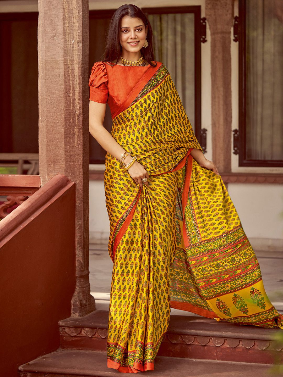 

Saree mall Bagh Poly Crepe Block Print Sarees, Yellow