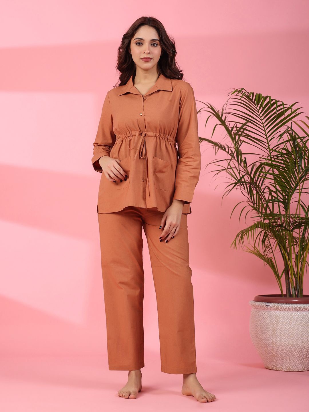 

SANSKRUTIHOMES Women Pure Cotton Shirt and Pyjamas Night suit, Brown