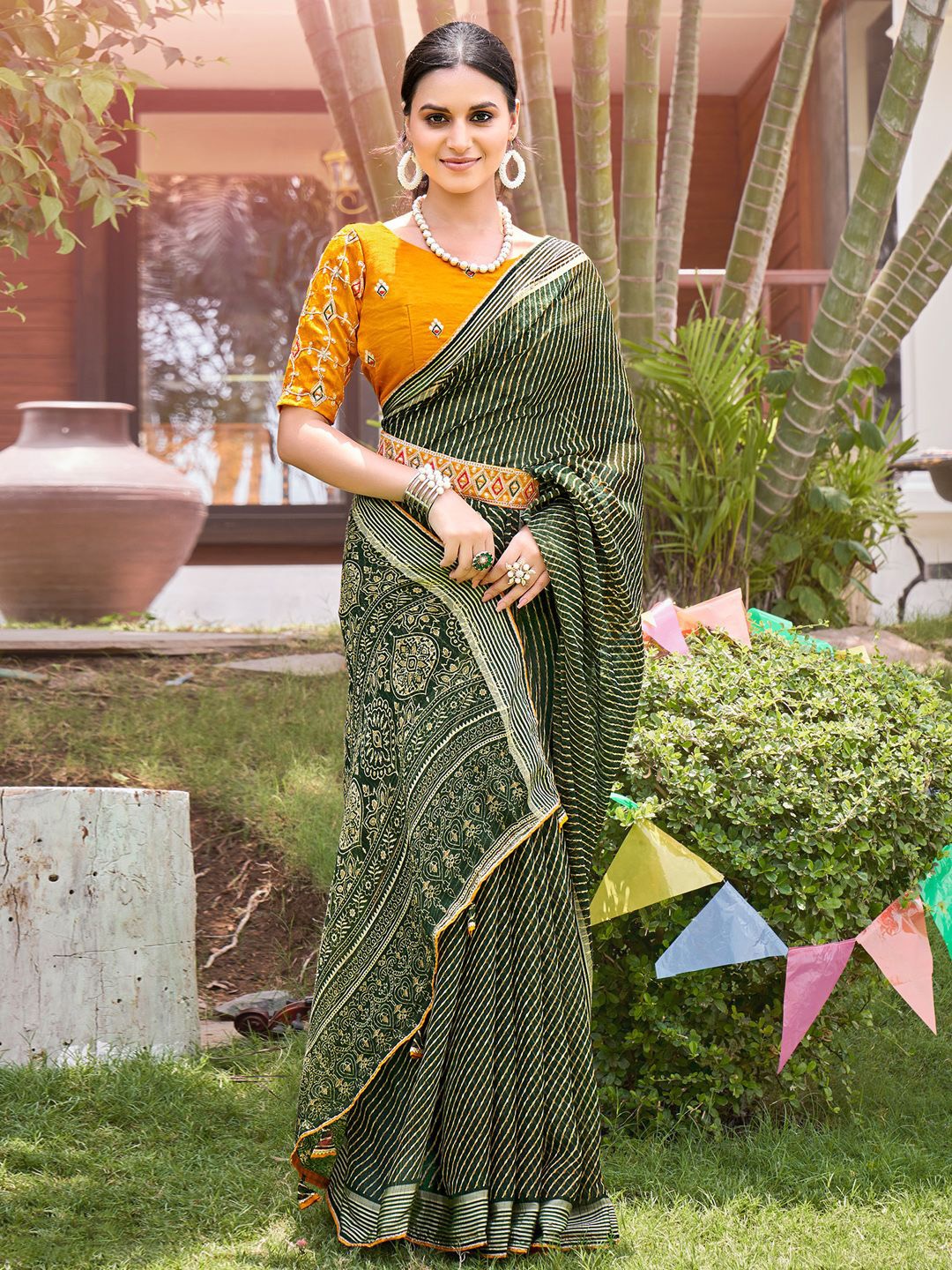 

Saree mall Leheriya Poly Chiffon Leheriya Sarees, Green