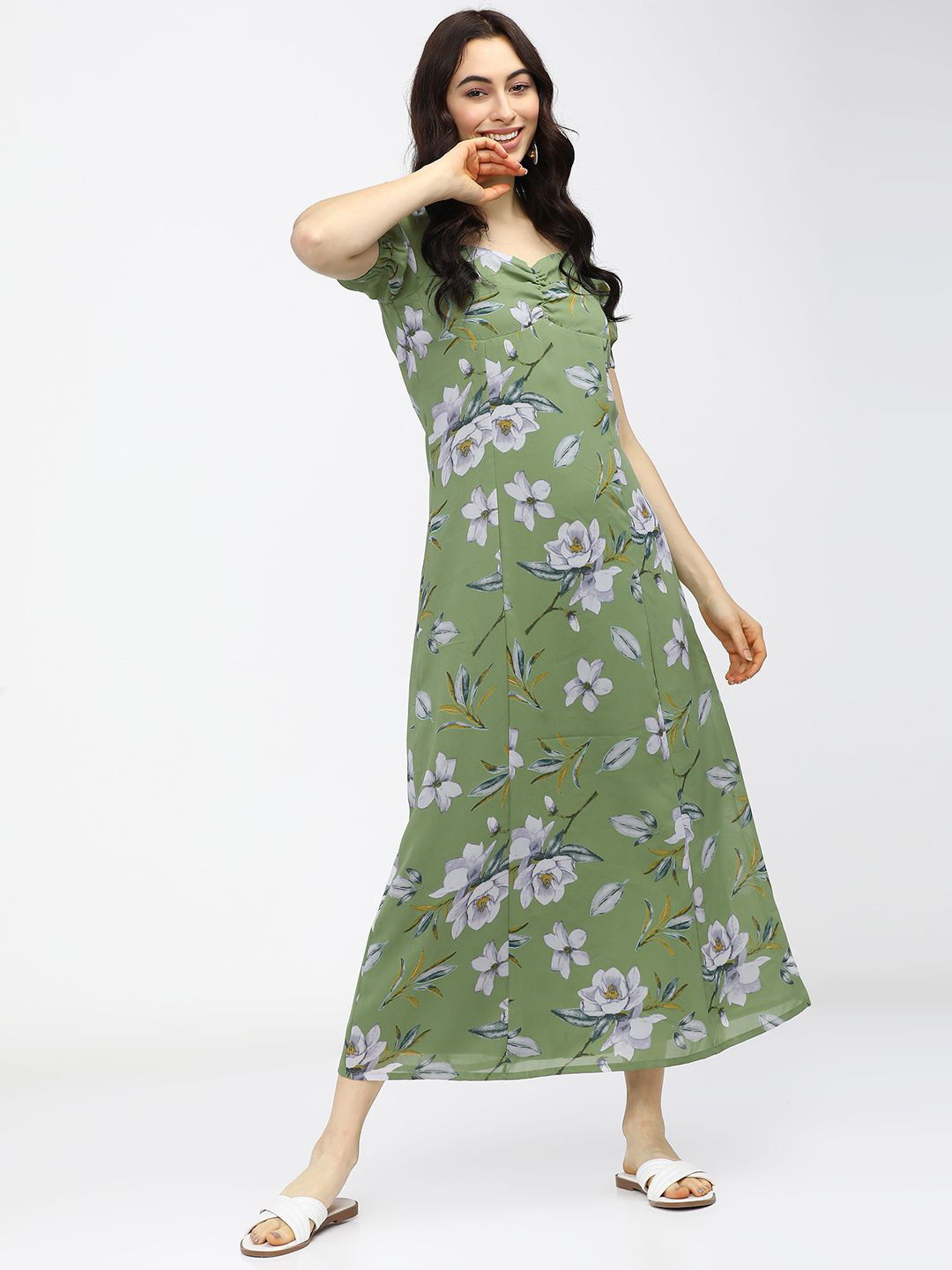 

Tokyo Talkies Puff Sleeve A-Line Floral Midi Dress, Green