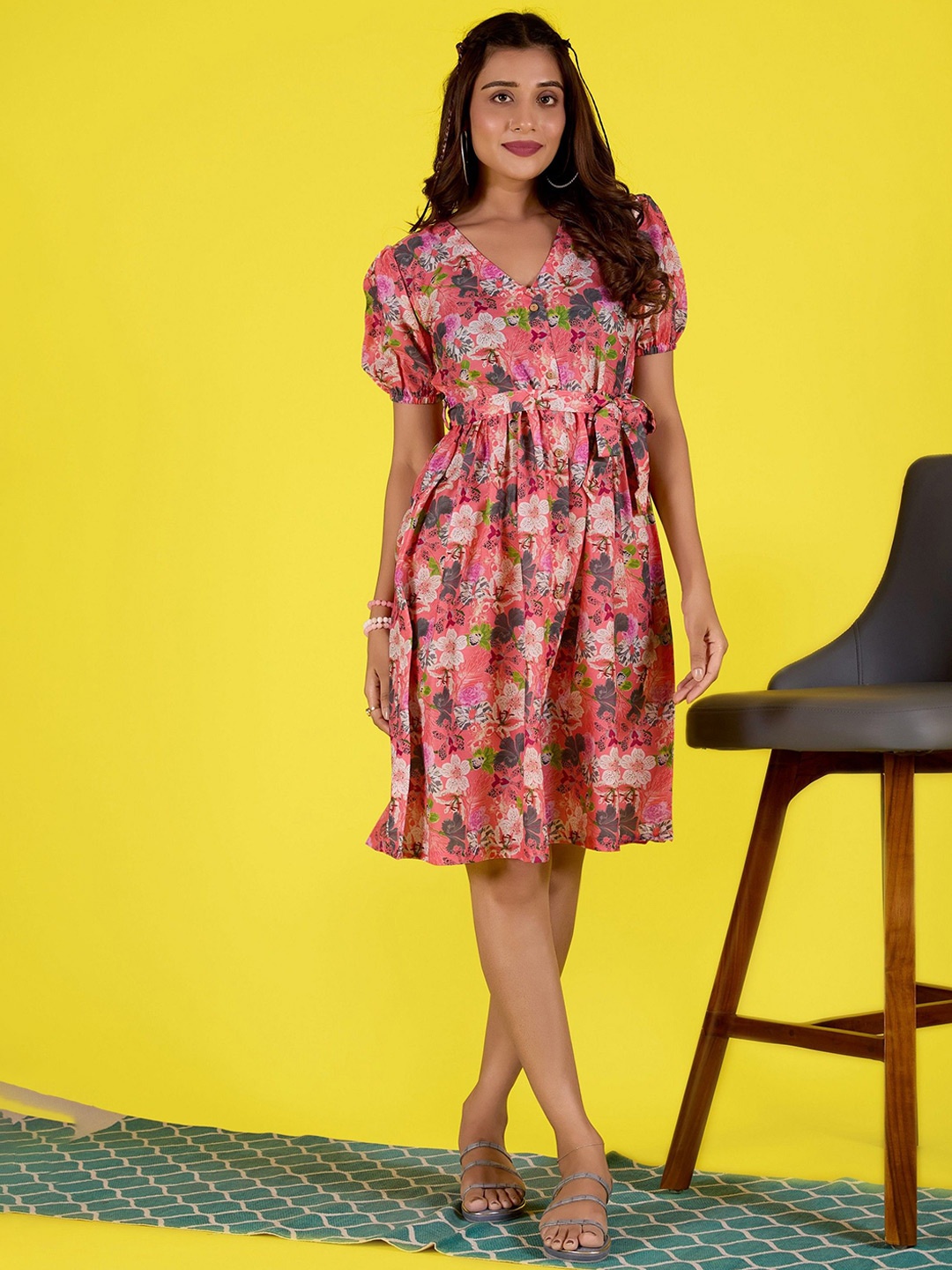 

Amarasha Floral Print Puff Sleeve Fit & Flare Dress, Blue