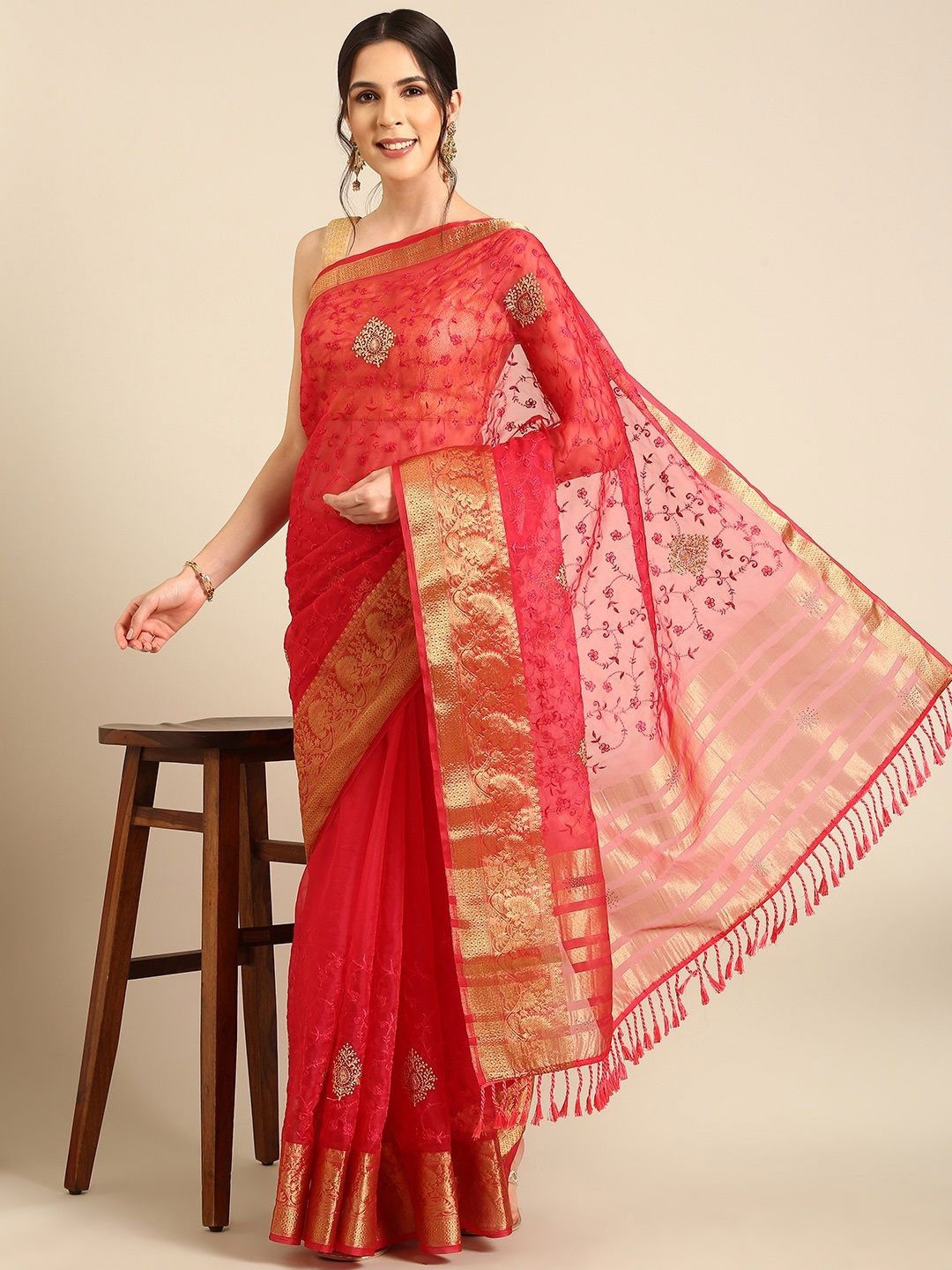 

all about you Embroidered Ethnic Motifs Zari Organza Saree, Red