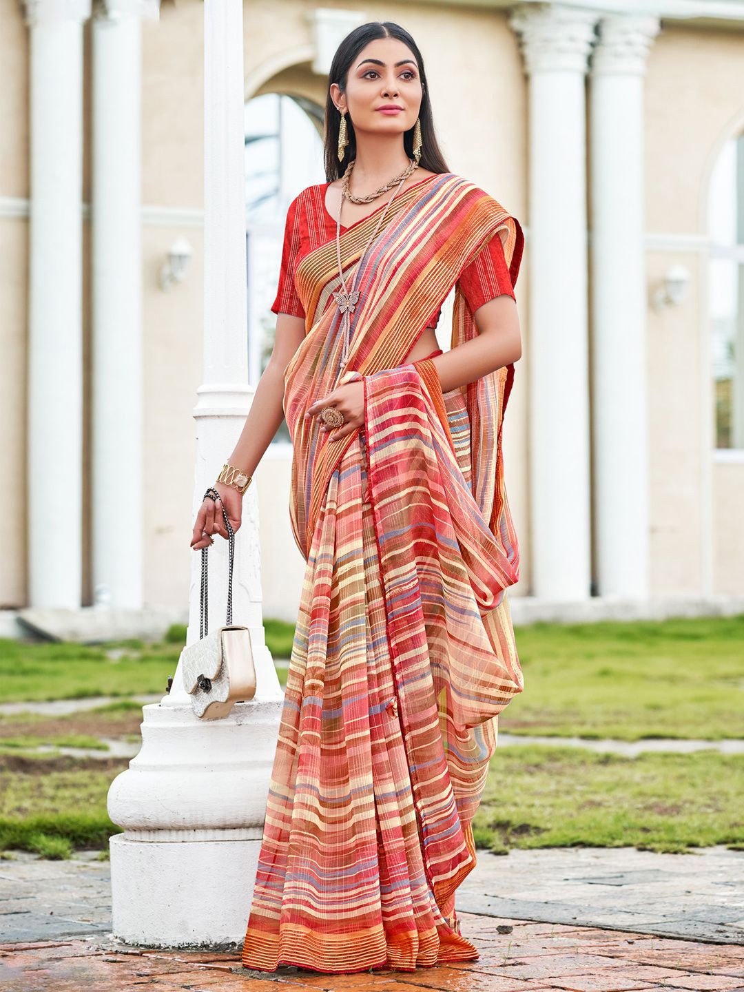 

Saree mall Striped Poly Chiffon Leheriya Sarees, Red