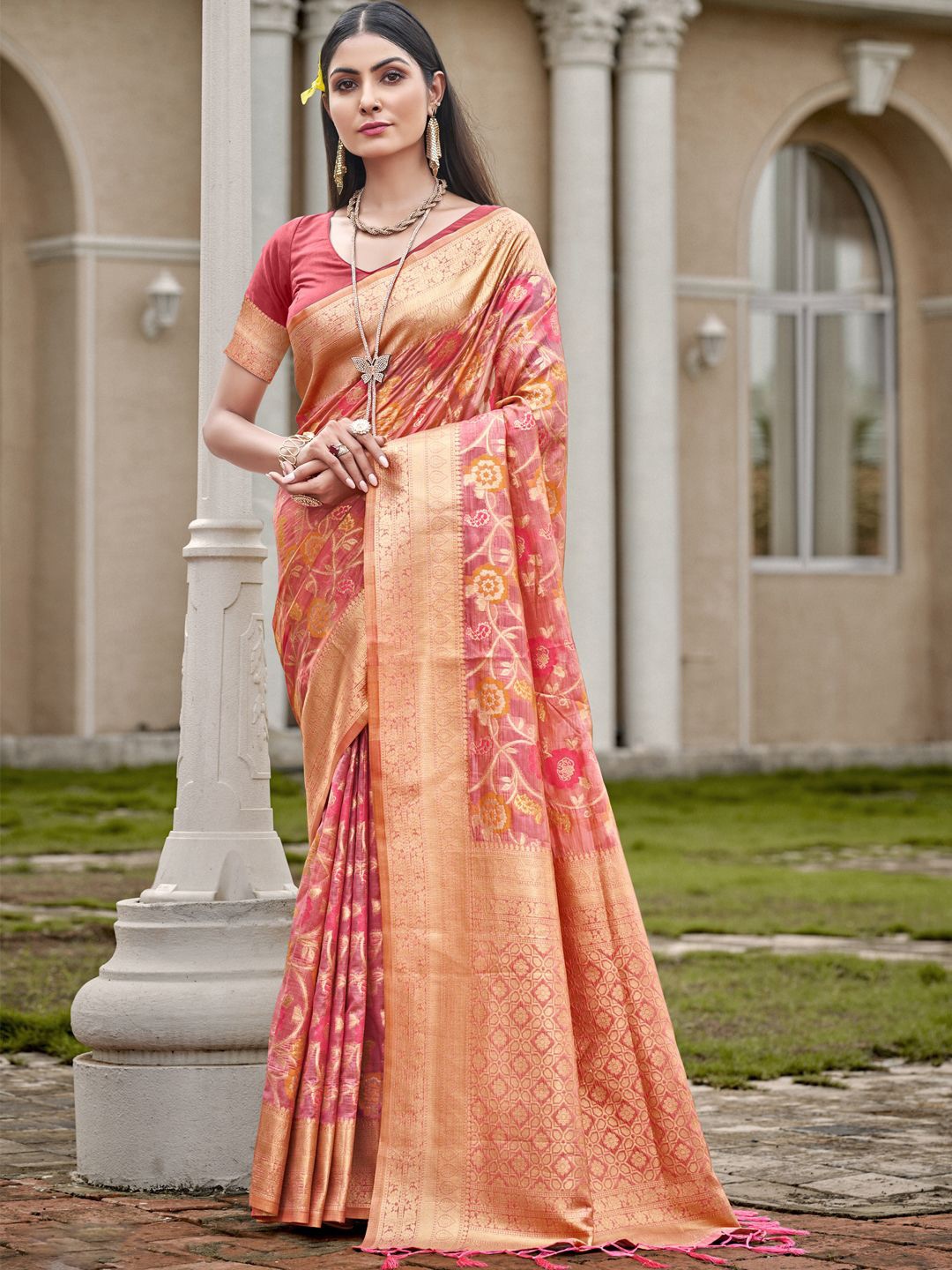

SANGAM PRINTS Woven Design Zari Organza Tussar Saree, Pink
