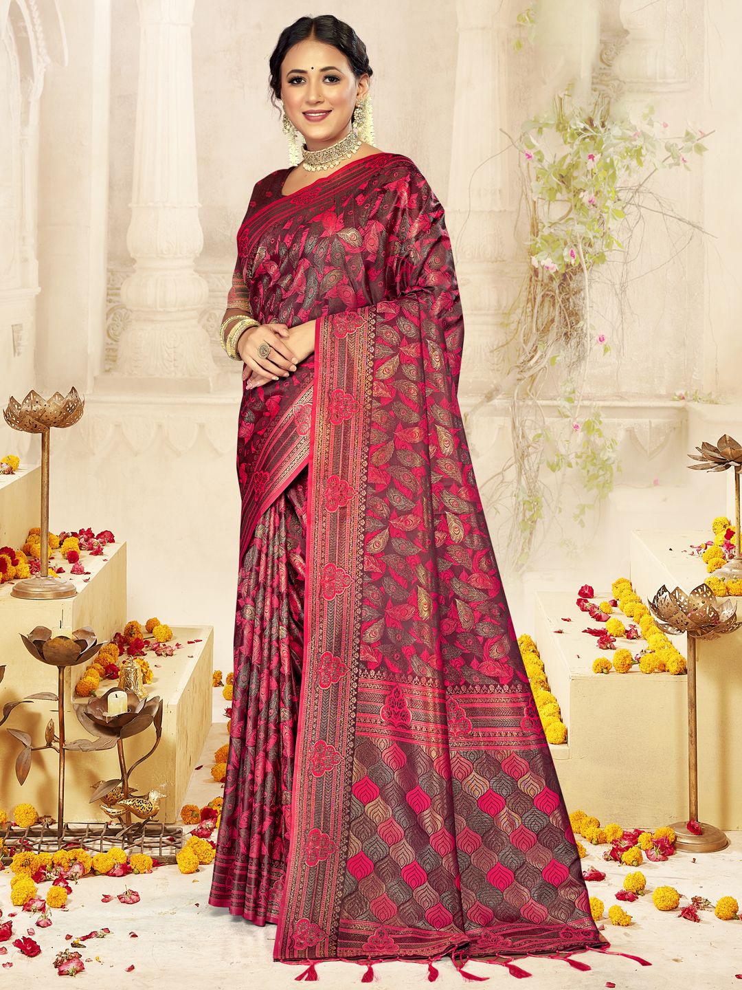 

SANGAM PRINTS Woven Design Zari Satin Tussar Saree, Pink