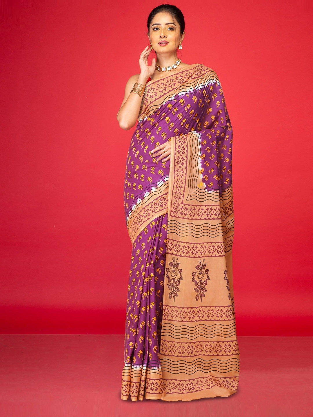 

Unnati Silks Ethnic Motifs Pure Cotton Handloom Block Print Saree, Purple