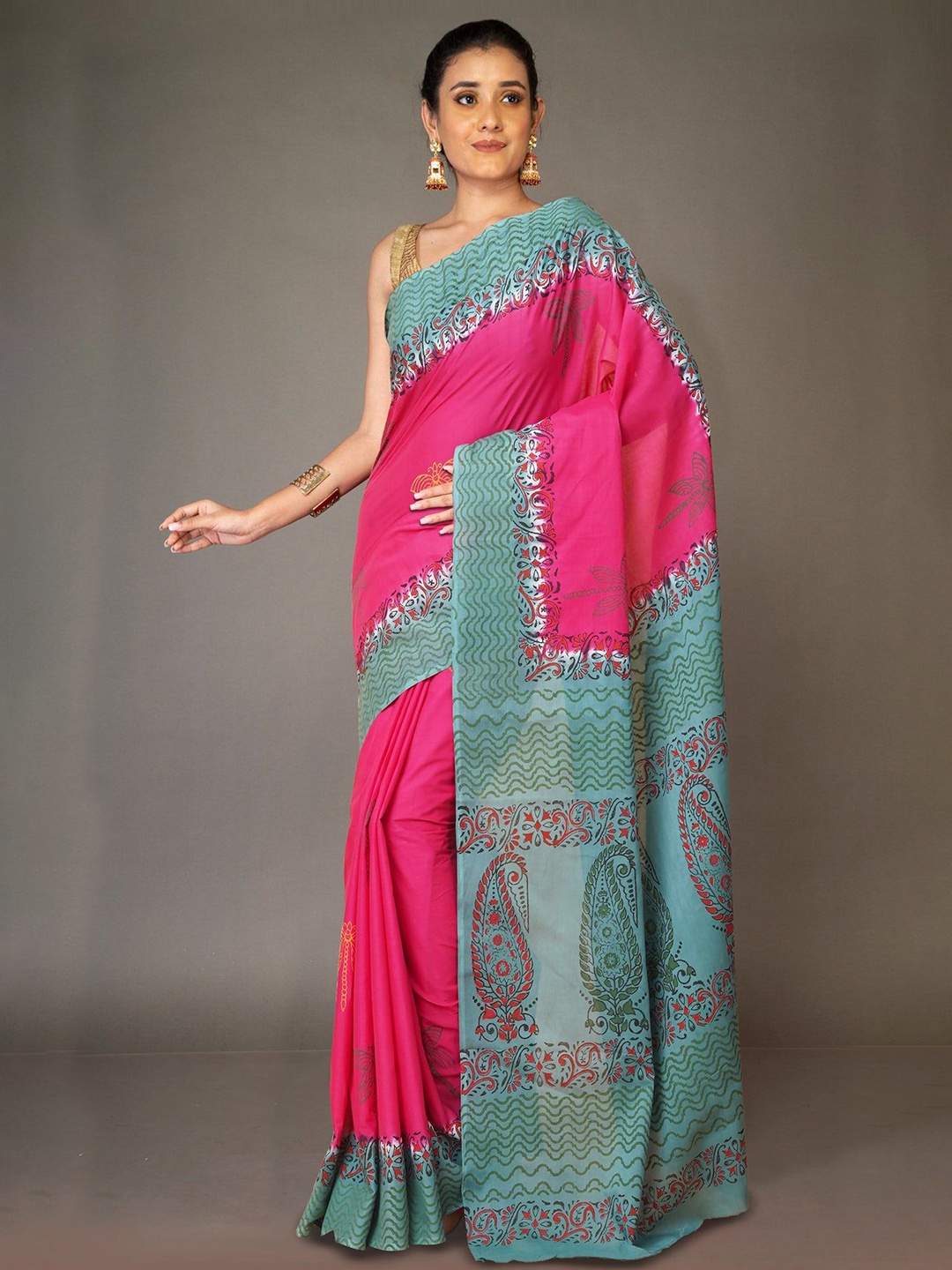 

Unnati Silks Ethnic Motifs Pure Cotton Handloom Block Print Saree, Pink