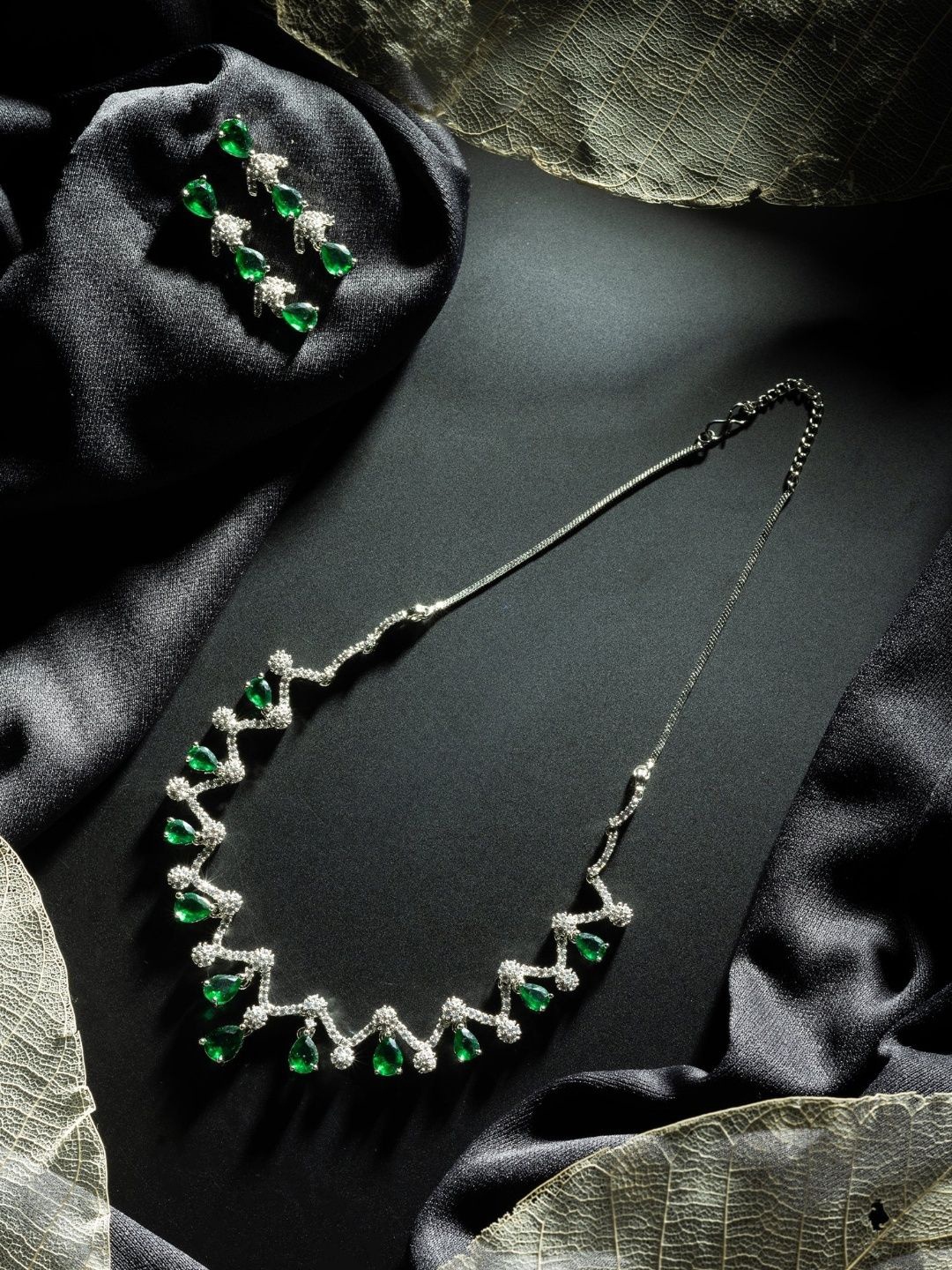 

Niscka Rhodium Plated & AD Studded Jewelley Set, Green