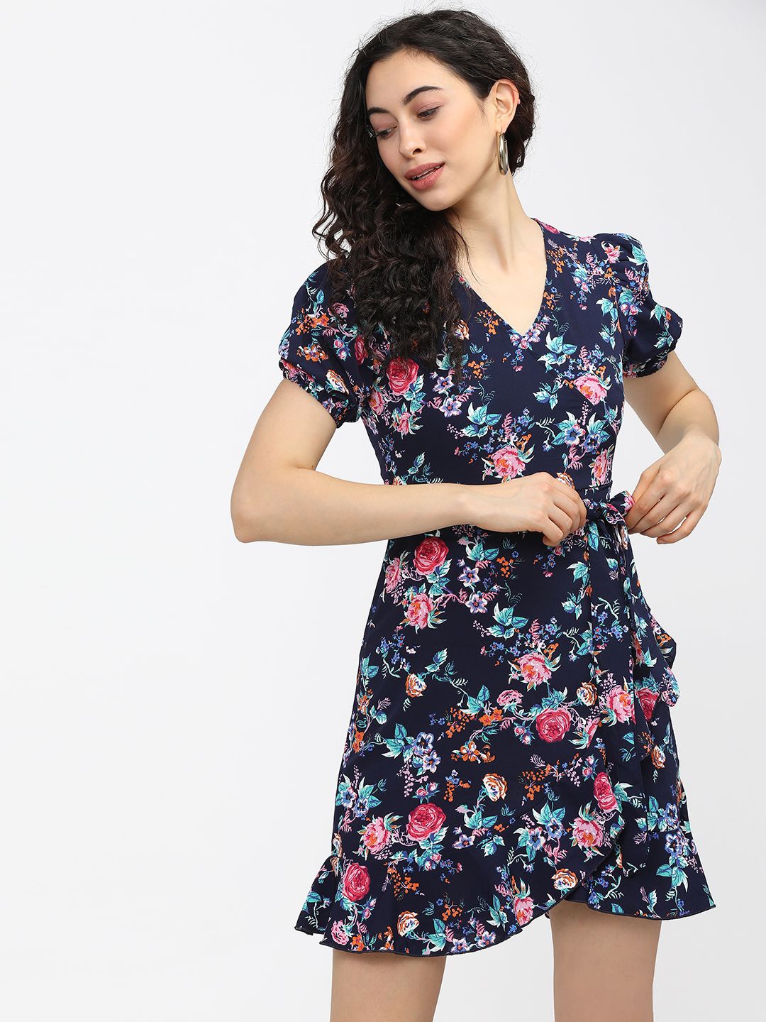 

Tokyo Talkies Floral Printed Puff Sleeve Dress, Navy blue