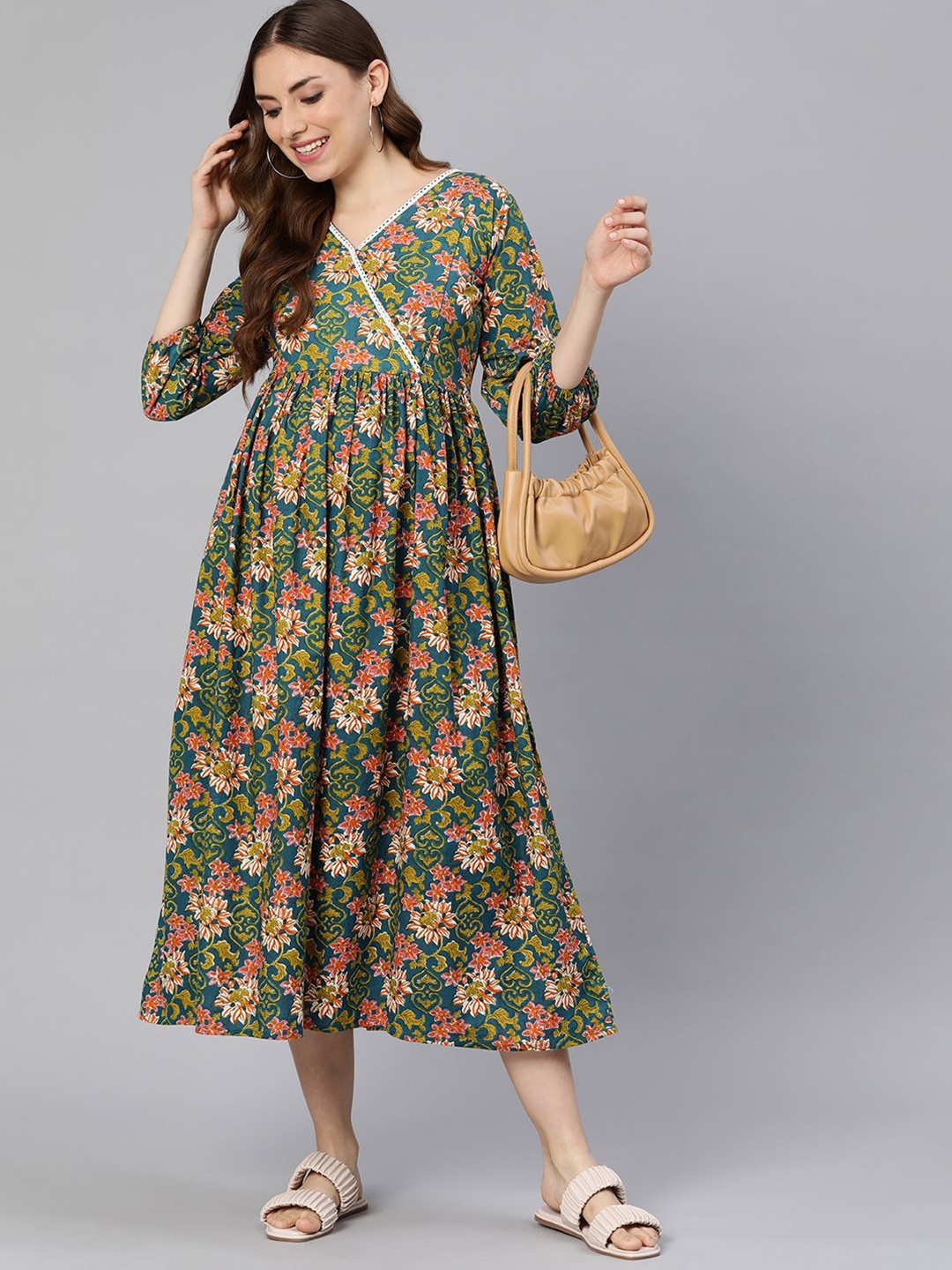 

Swishchick Floral Printed Puff Sleeve Cotton Maternity Empire Midi Dress, Teal