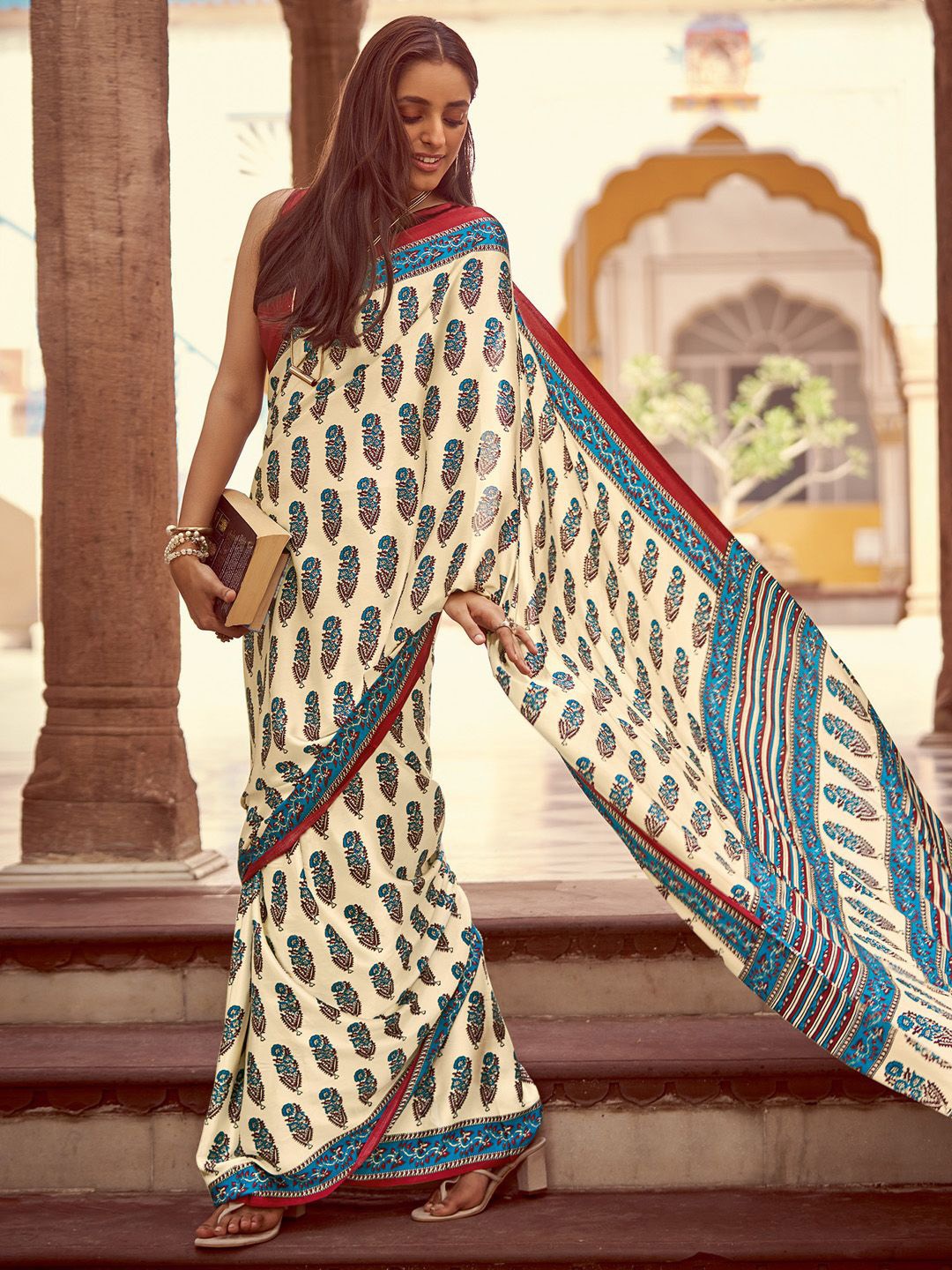 

Saree mall Bagh Poly Crepe Block Print Sarees, Cream