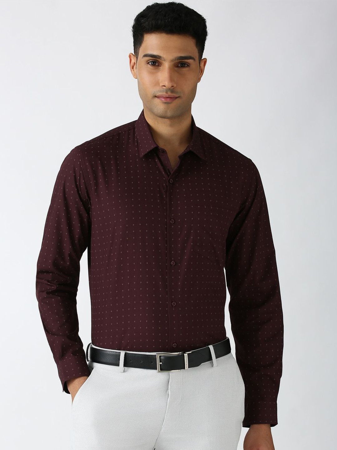 

Peter England Men Slim Fit Opaque Printed Formal Shirt, Brown