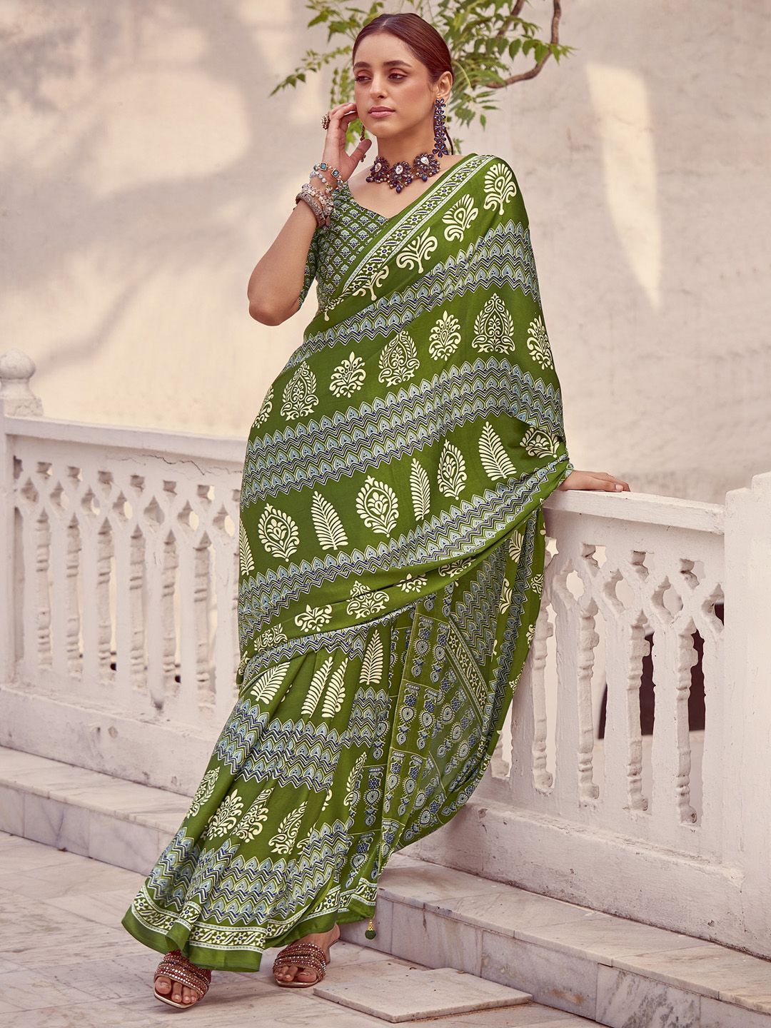 

Saree mall Ajrak Block Poly Crepe Block Print Sarees, Green